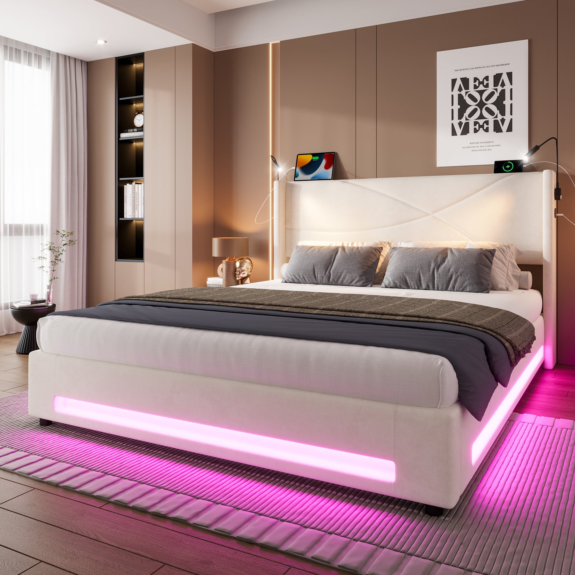 Logidon bedframe 160x200 cm beige fluweel met opbergruimte LED