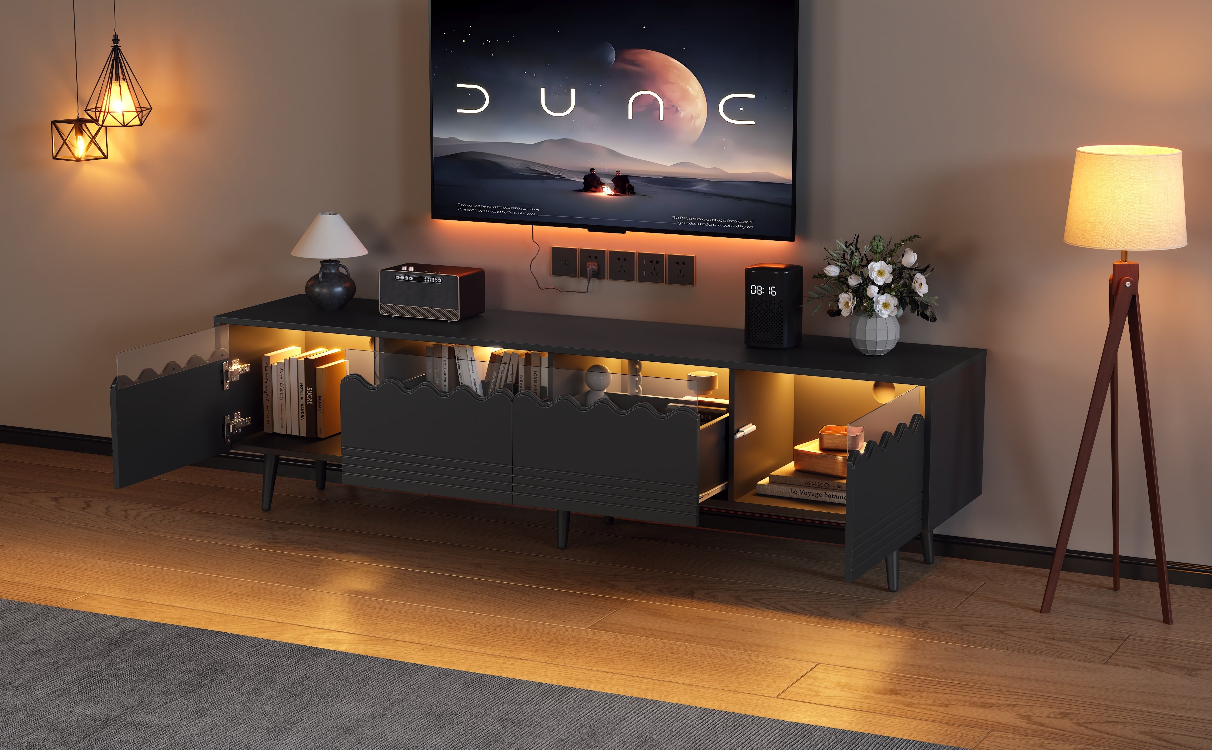 Logidon 176x38x45 cm zwart TV-lowboard met LED-verlichting