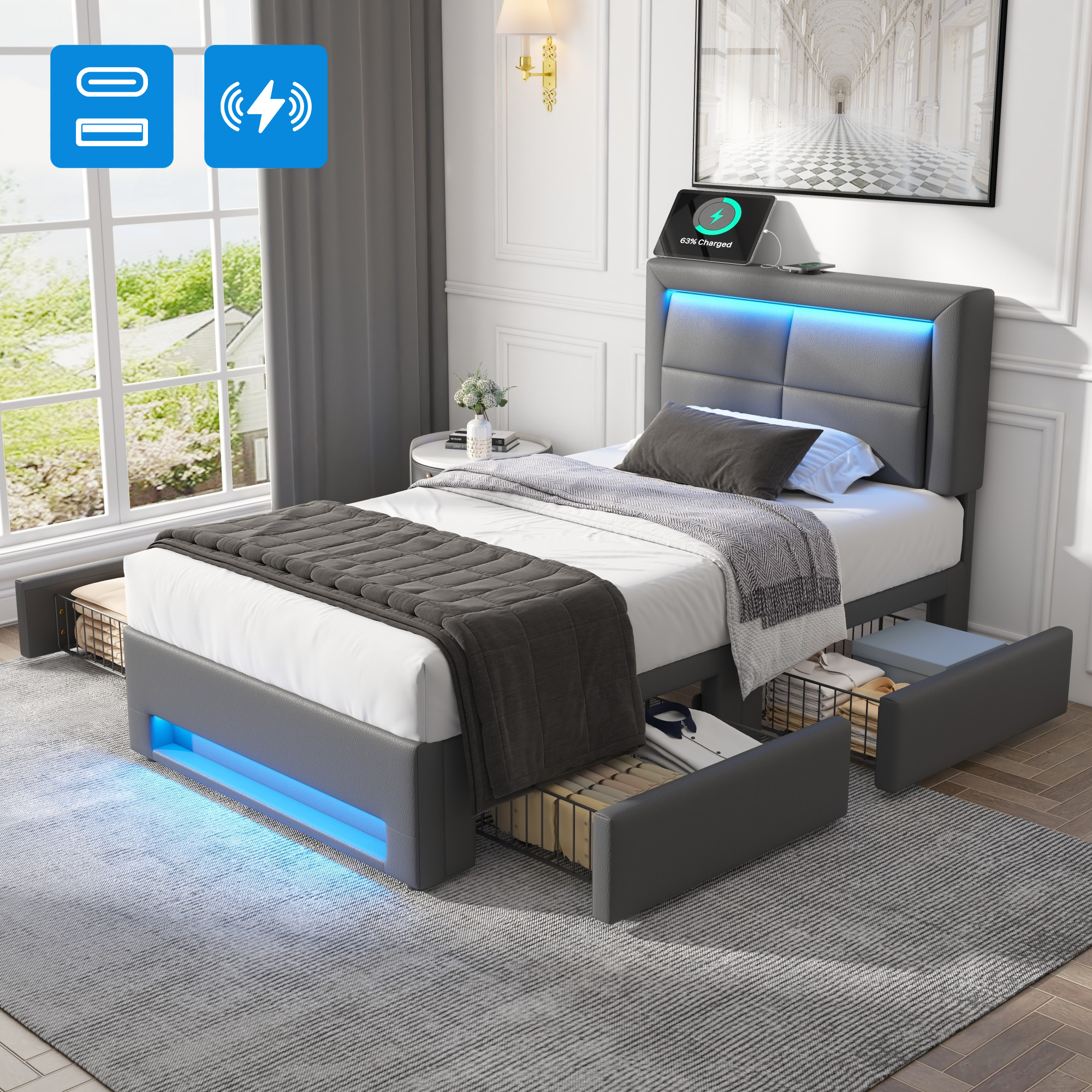 Logidon upholstered bed 90x190 cm gray with USB LED and 4 drawers