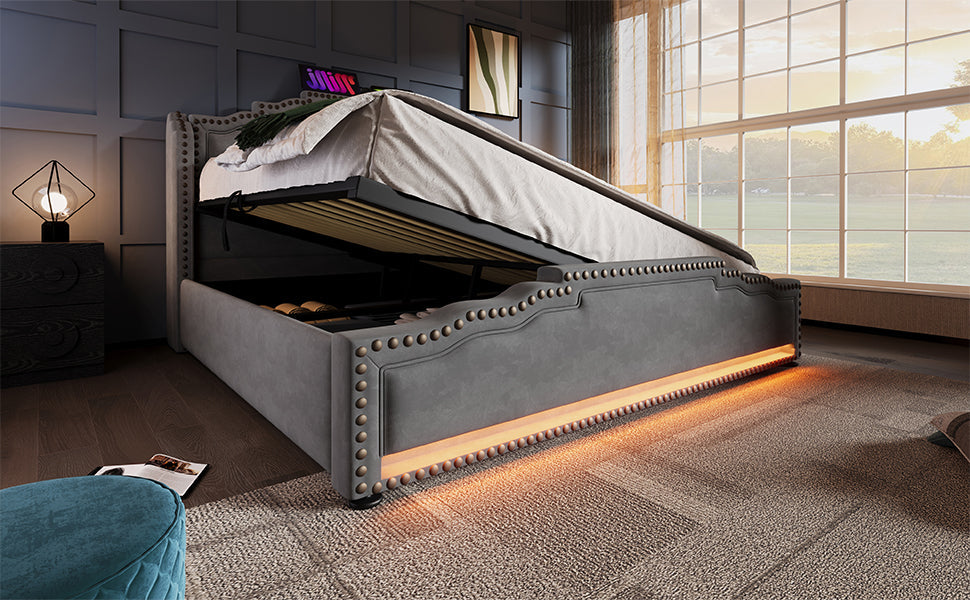 Logidon gestoffeerd bed 140x200 grijs LED-licht met hydraulische opbergruimte