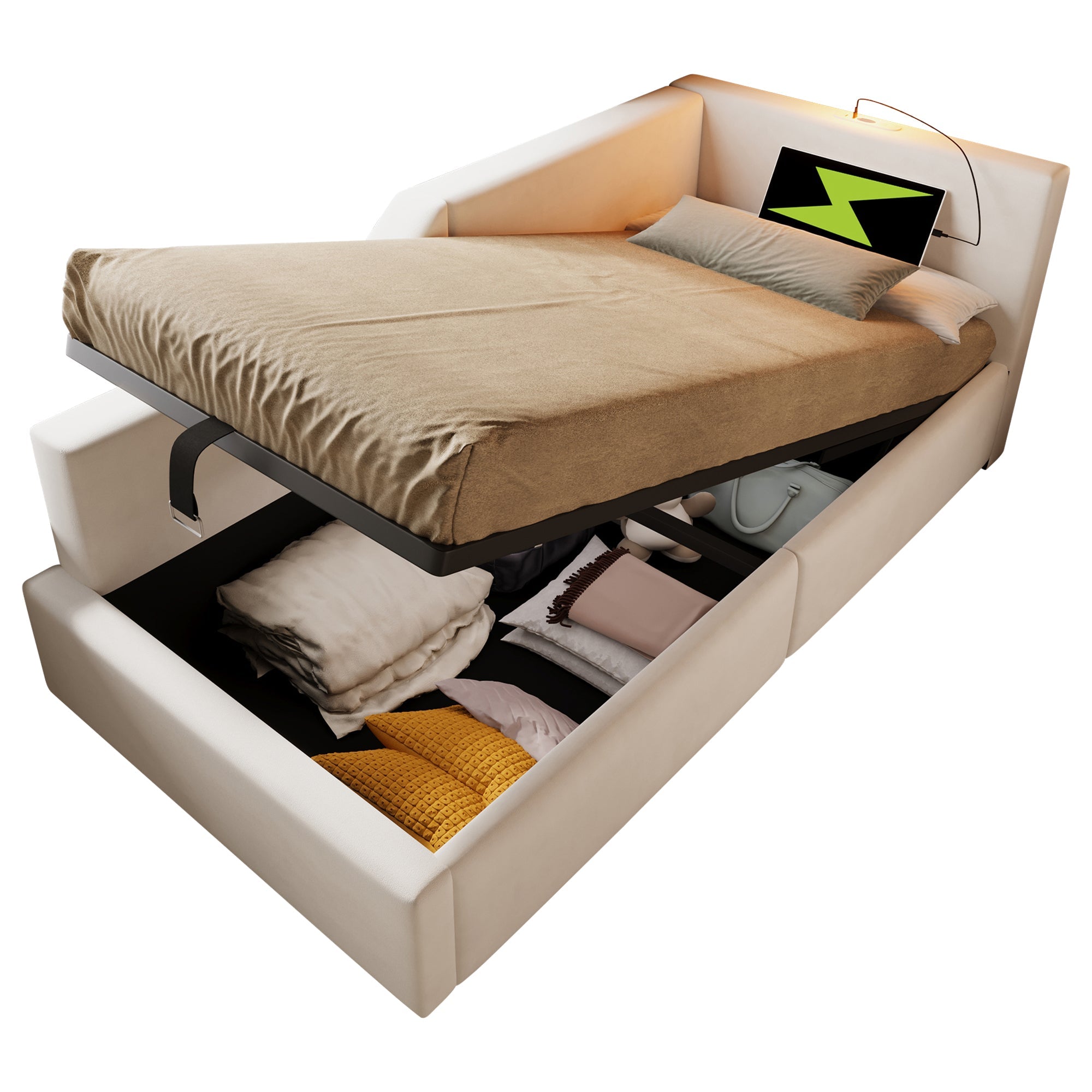 Logidon fluwelen dagbed 90x190 beige met opbergruimte, USB-C, leeslampje