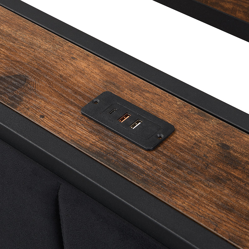 Logidon metalen bed 140x200 met opbergruimte USB-poorten zwart walnoot