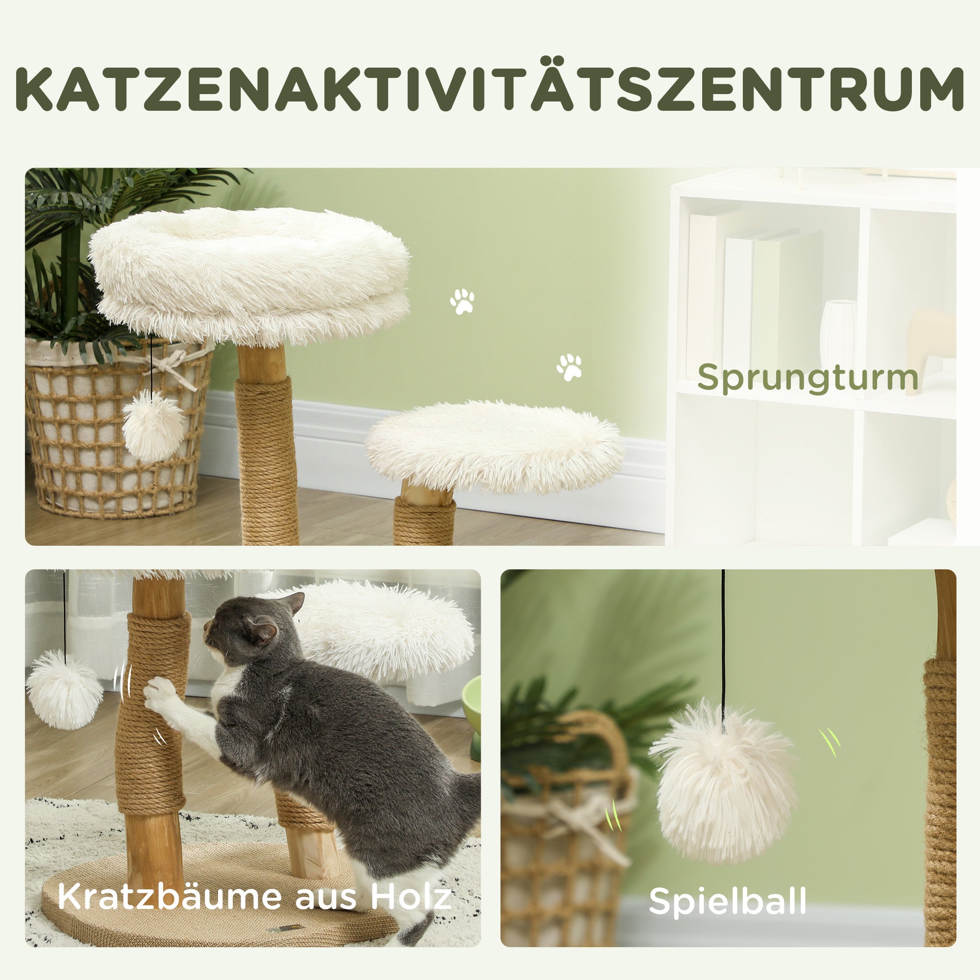 Logidon Kattentoren 61,5 cm Krabpaal van wit perenhout met speelgoedbal