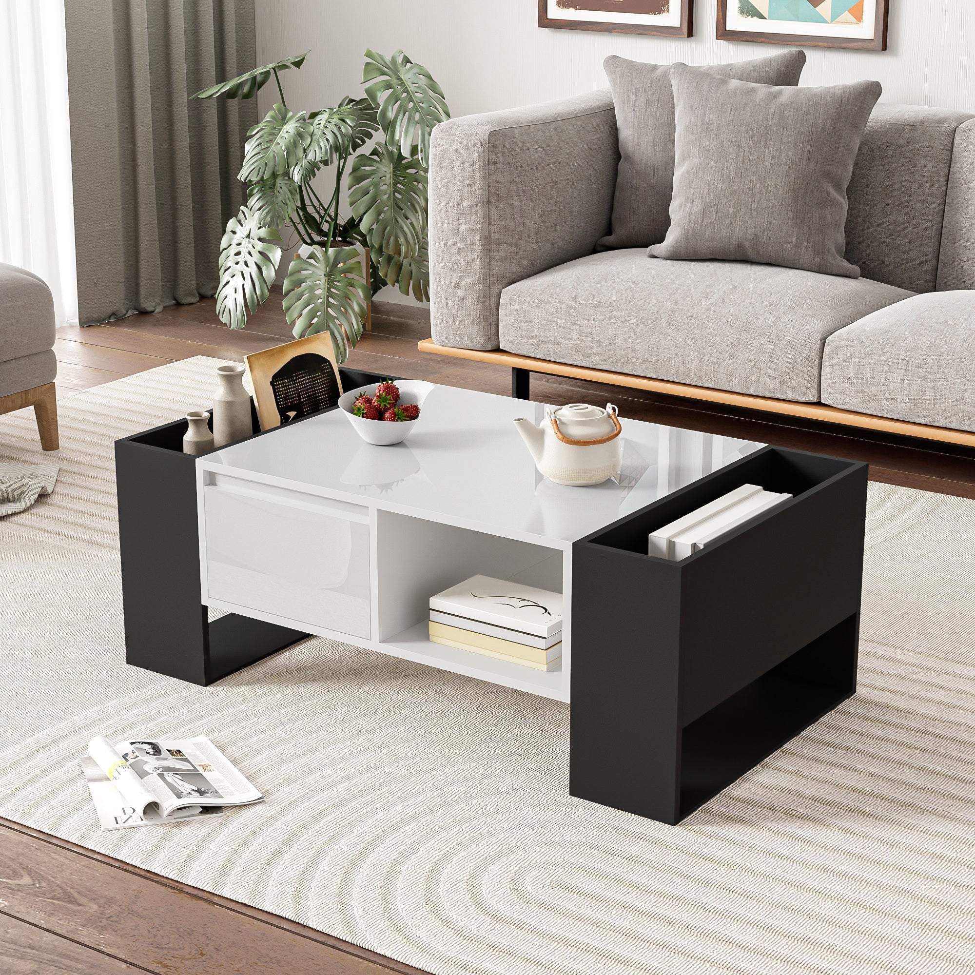 Logidon Moderne salontafel 105x60x40,5 cm hoogglans zwart en witte lade