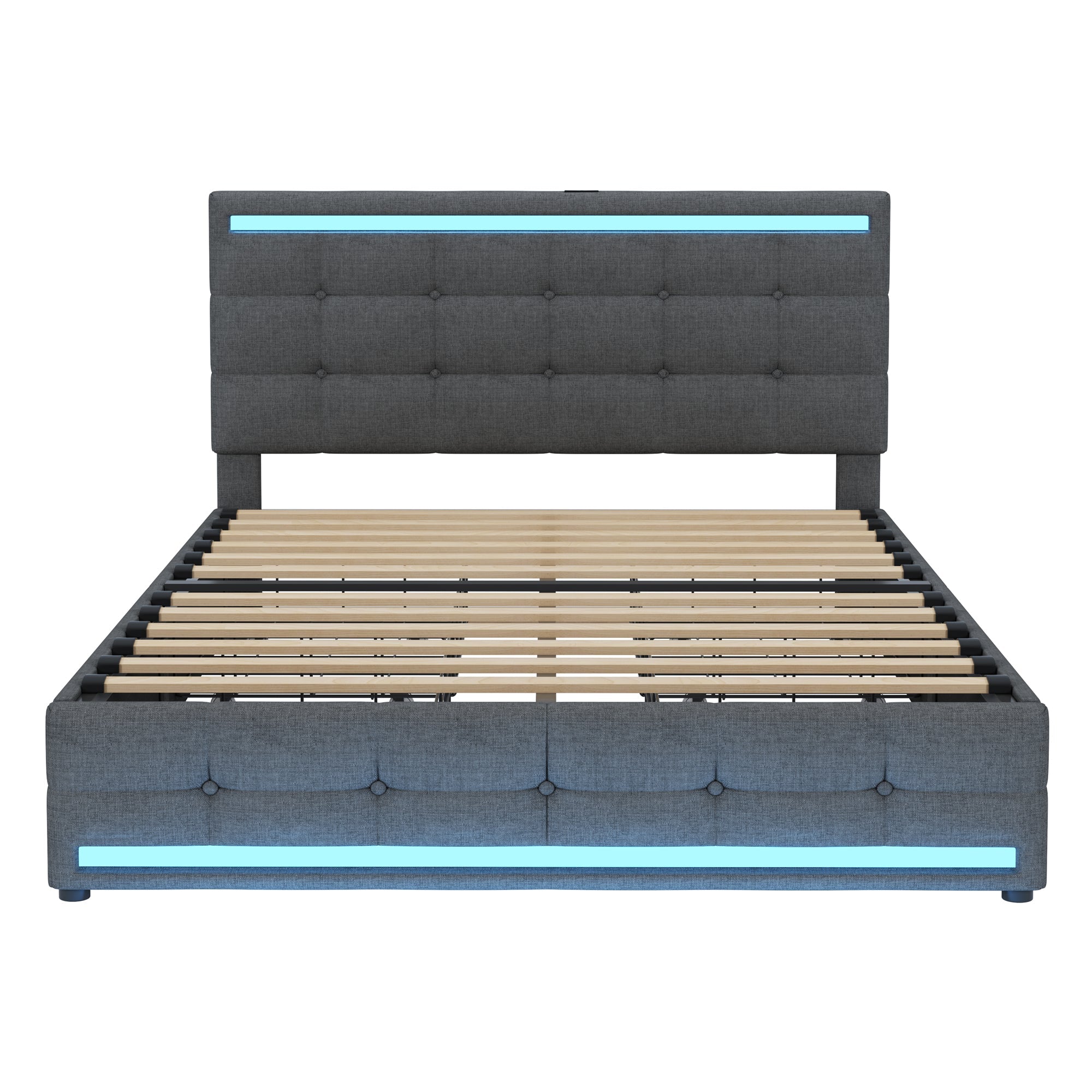 Logidon gestoffeerd bed 140x200 cm grijs LED opbergruimte USB 4 lades