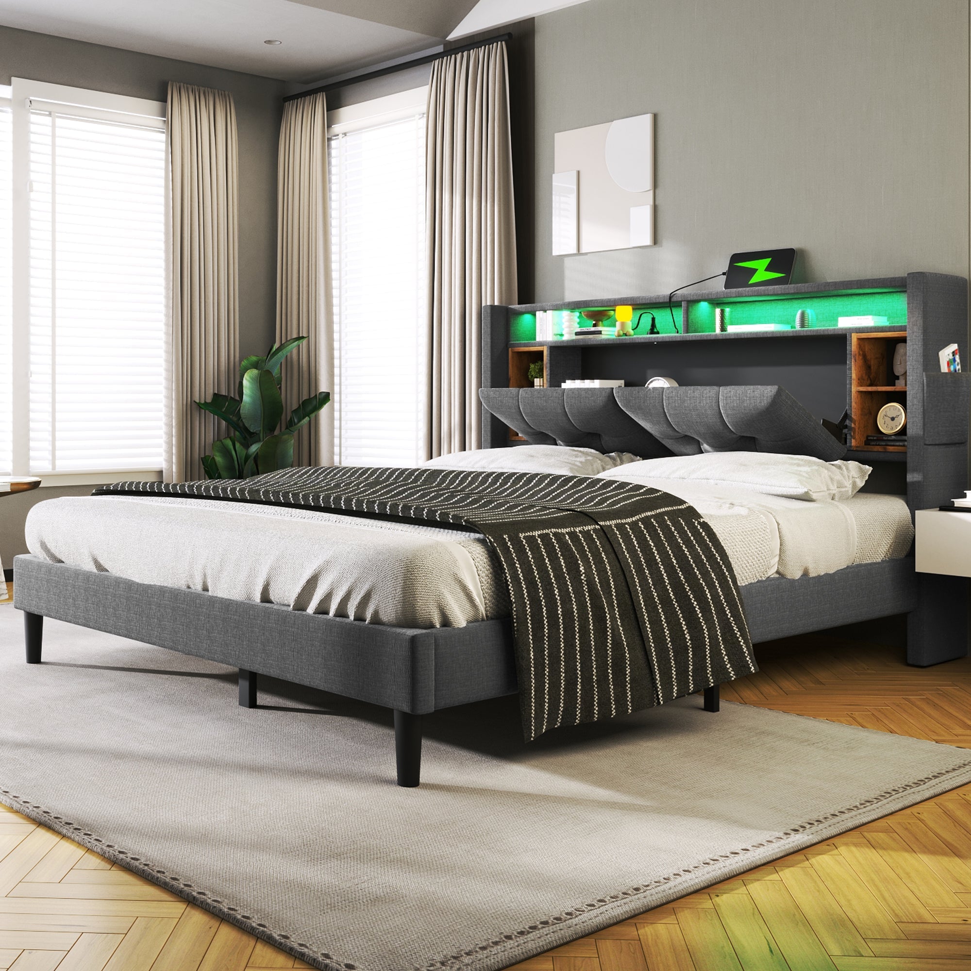 Logidon gestoffeerd bed tweepersoonsbed opbergruimte hoofdbord USB LED grijs 140x200