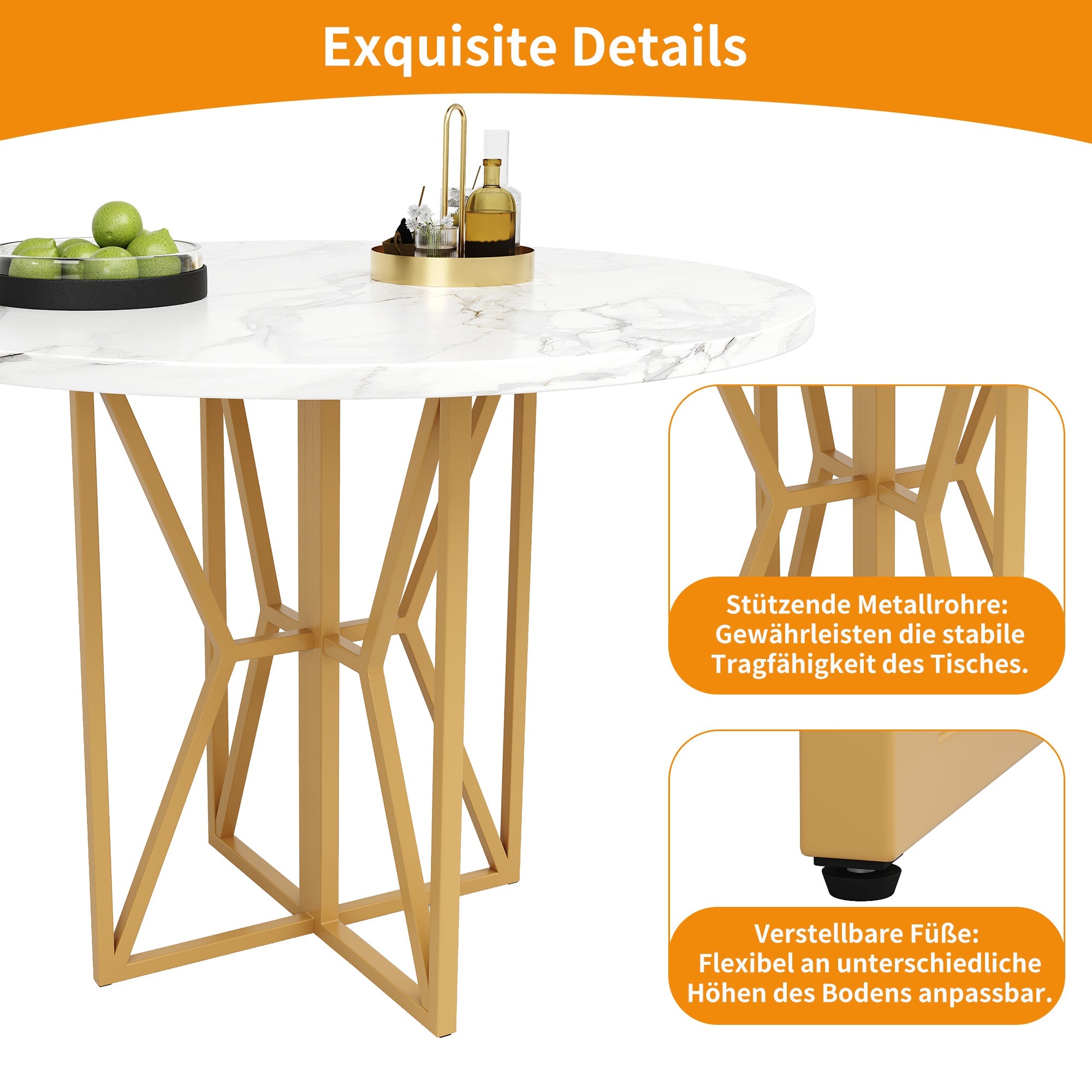 Logidon ronde eettafel 80x80 cm marmerlook gouden poten 4-6 personen