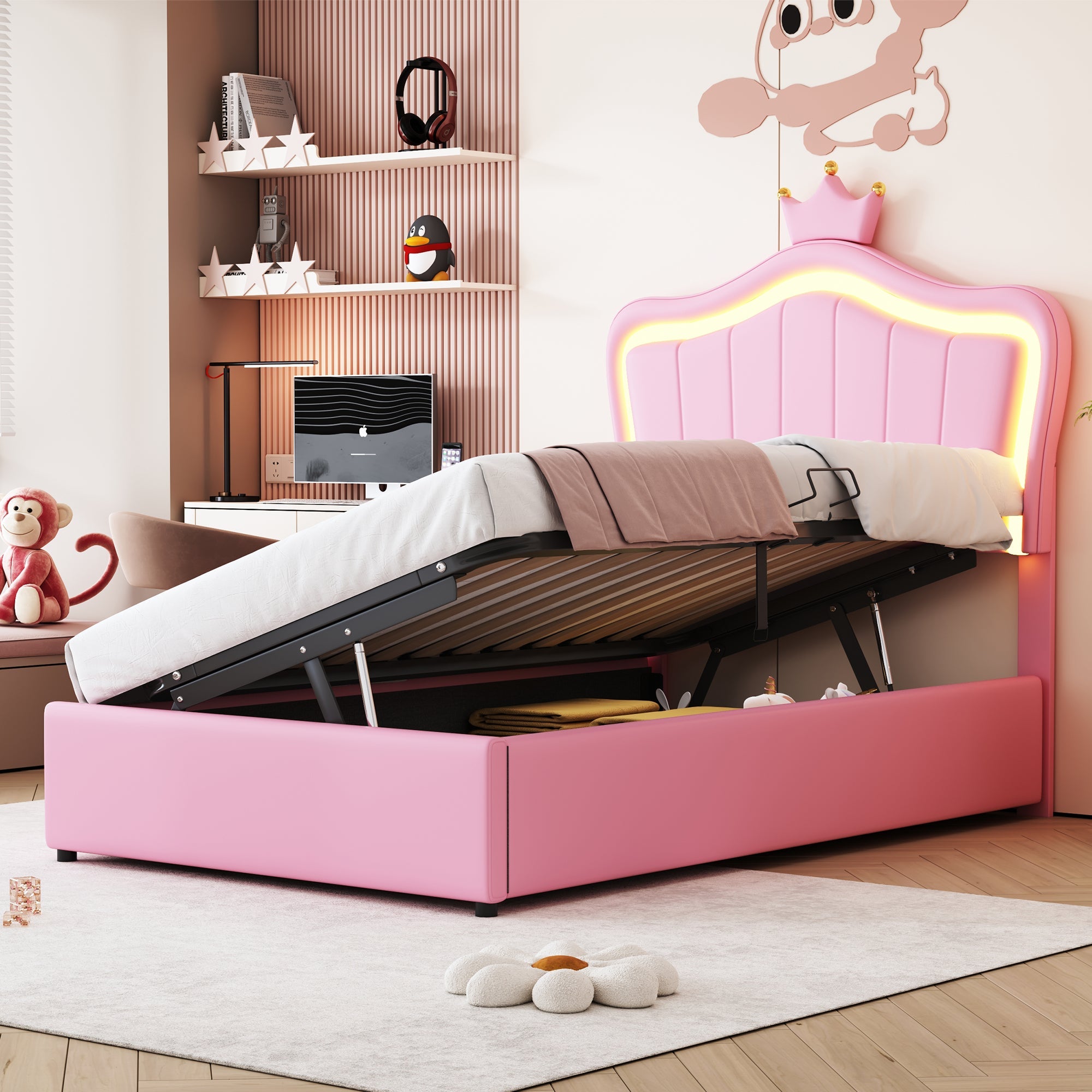 Logidon gestoffeerd bed 90x200 cm roze met kroondesign en LED