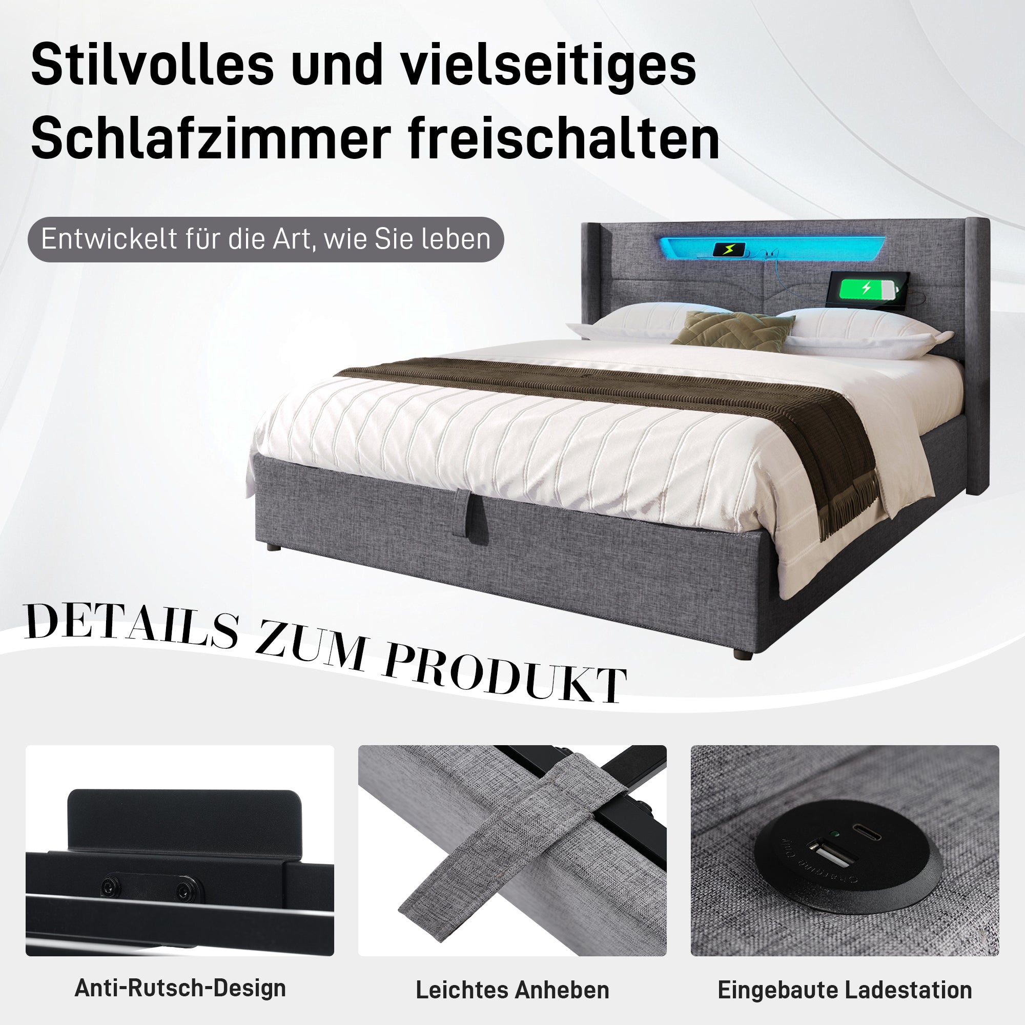 Logidon upholstered bed LED double bed 140x200 gray USB C charging function