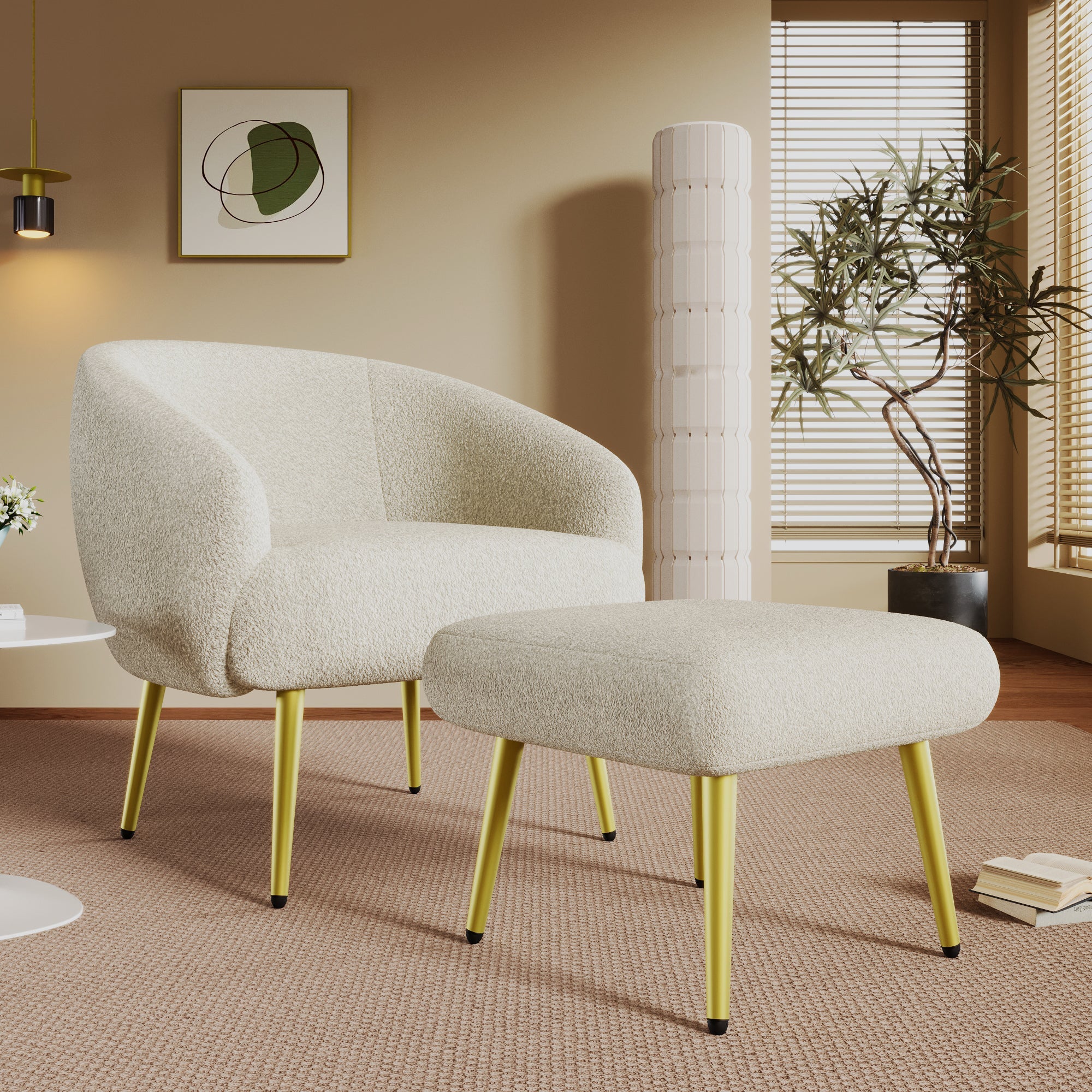 Logidon Modern Sherpa Upholstered Chair with Footstool White Gold Legs