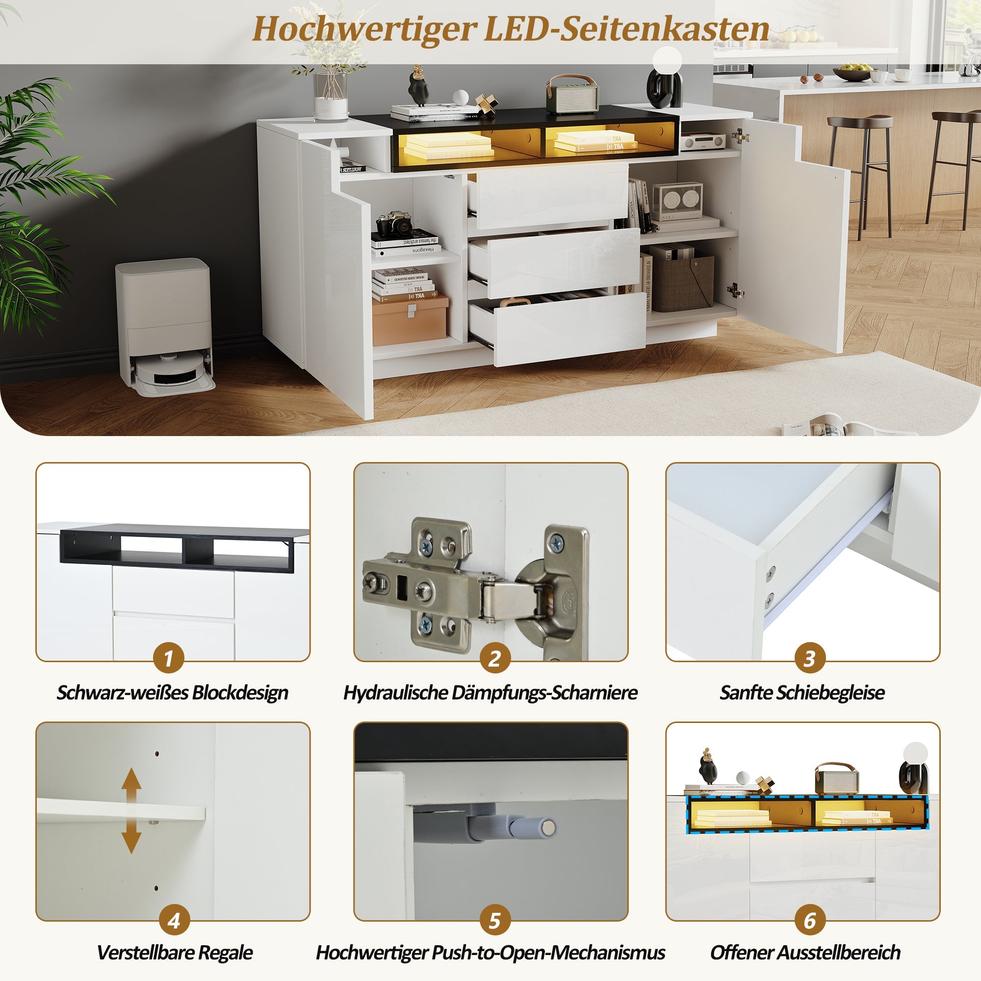 Logidon wit hoogglans dressoir 140 cm met LED, 2 deuren, 3 lades