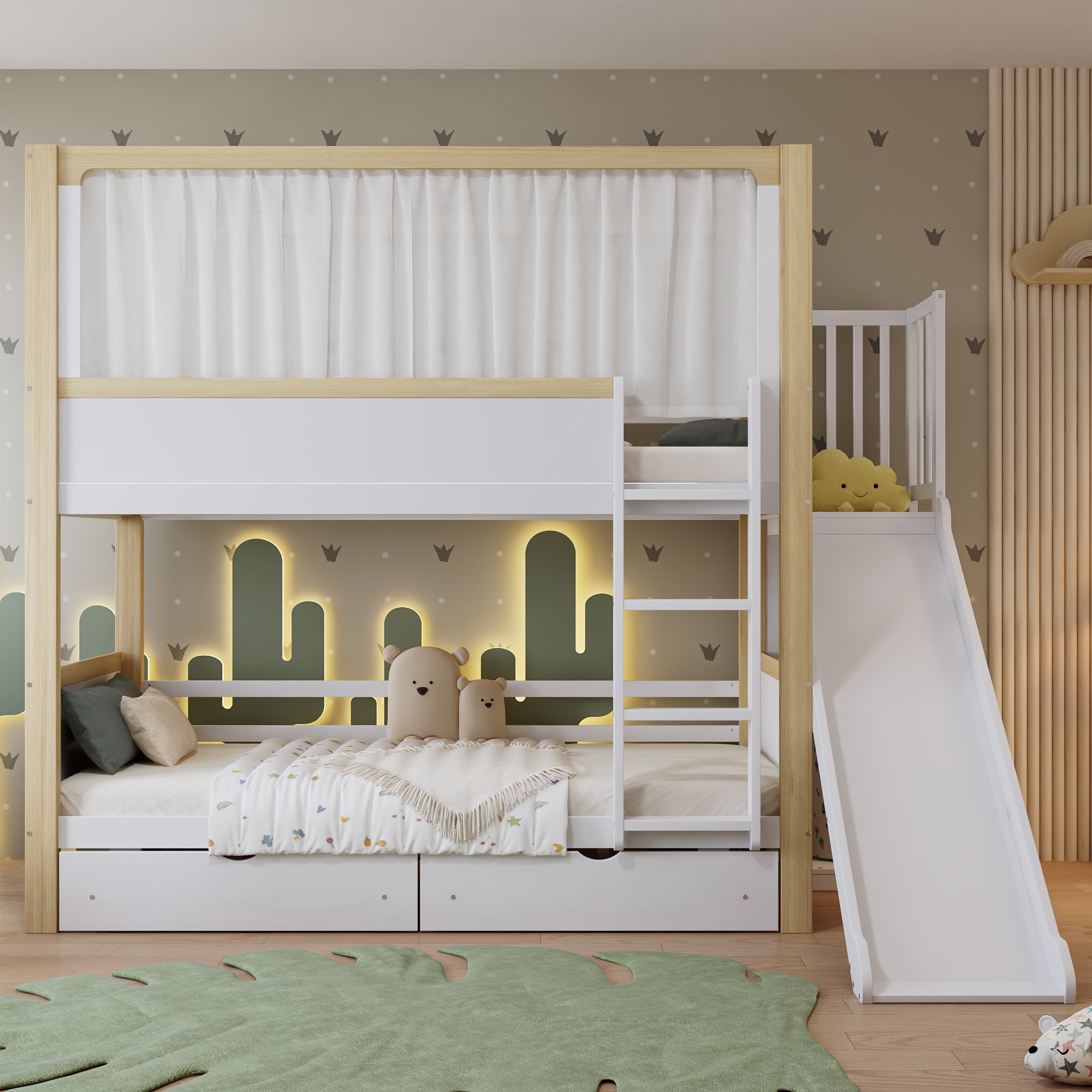 Logidon stapelbed 90x200 wit naturel met glijbaan en lades