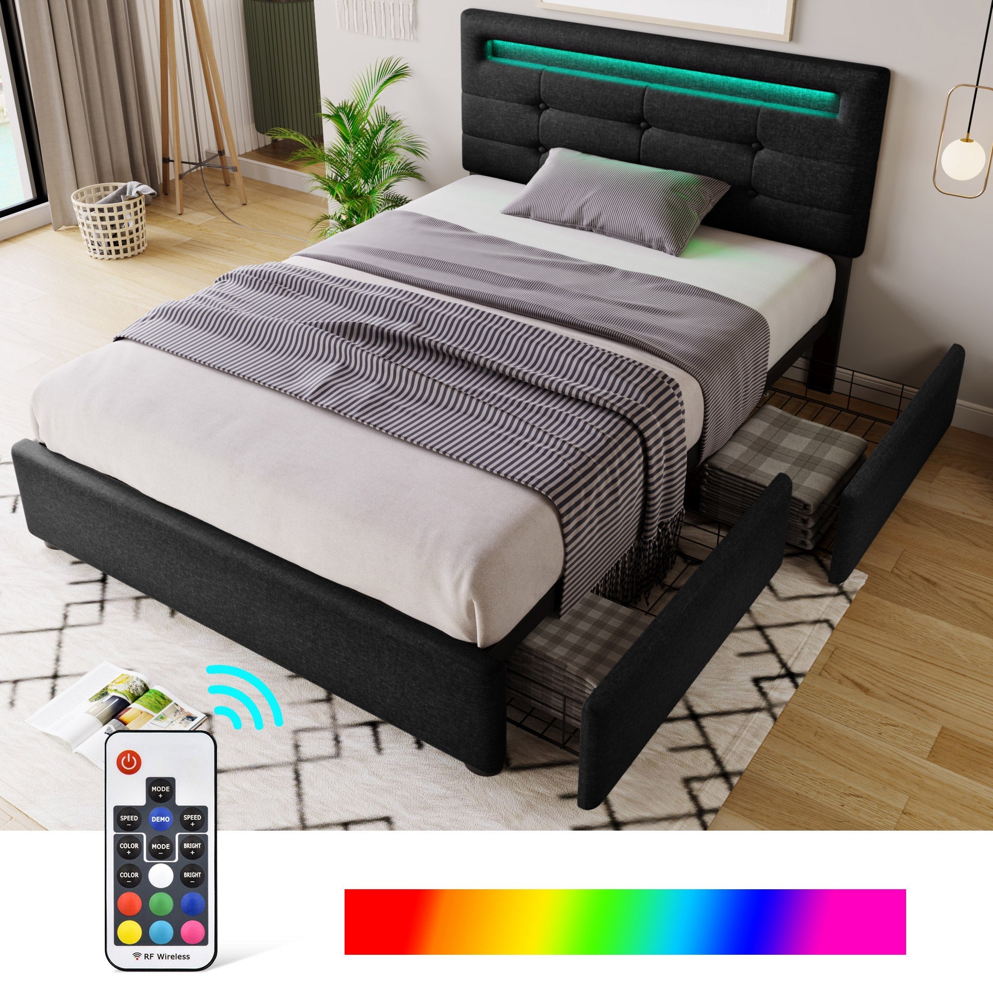 Logidon bed frame with LED lighting and 2 drawers 90x200 black