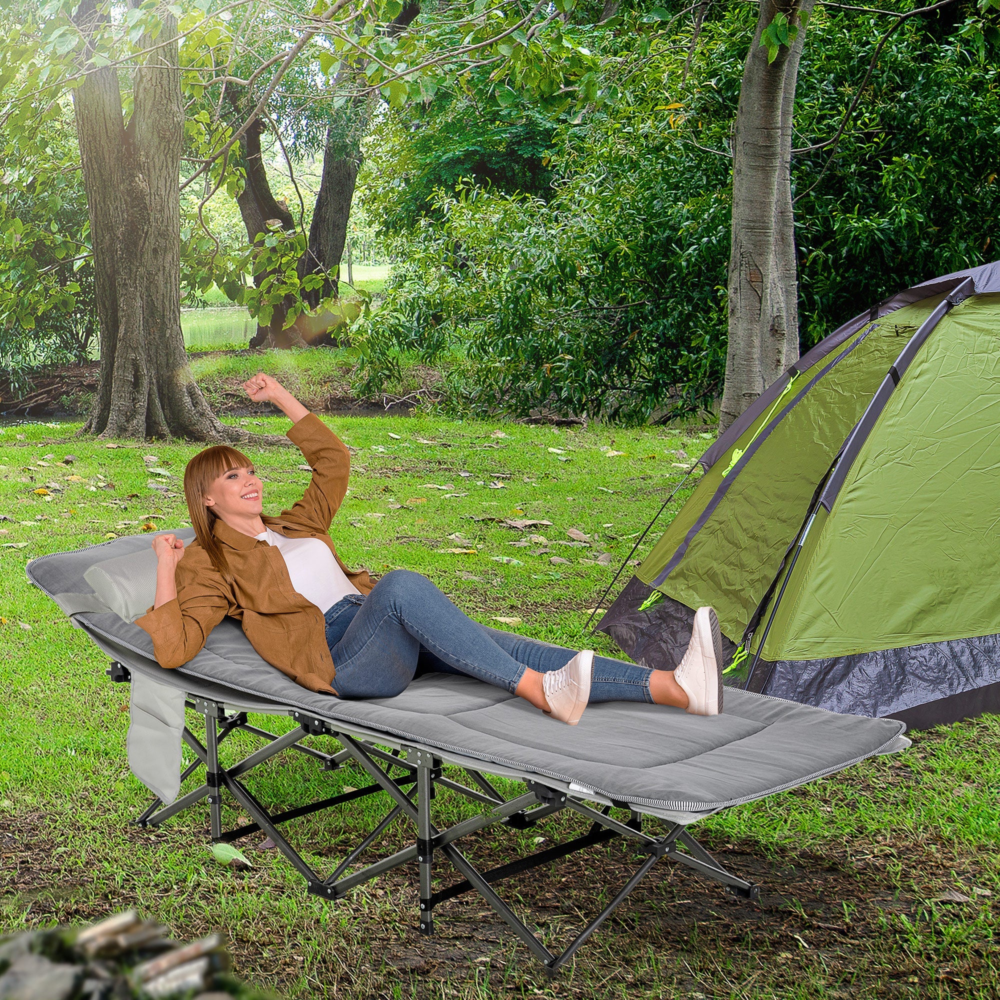 Logidon opklapbaar campingbedje met kussen lichtgrijs 188x64x53 cm