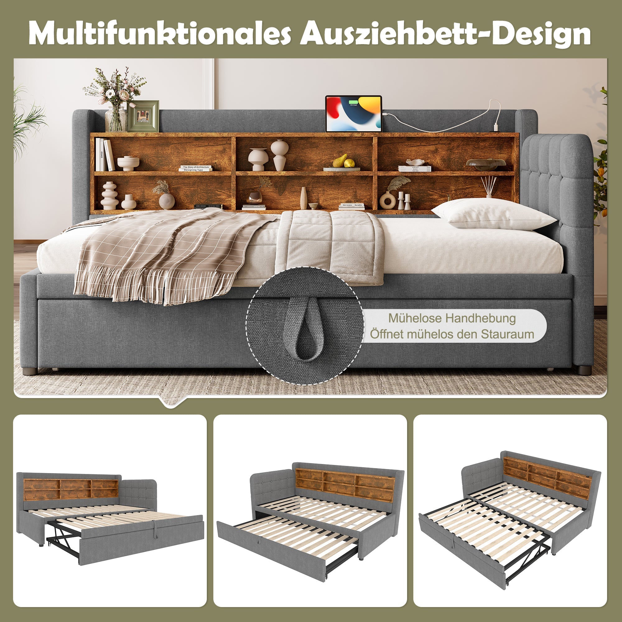 Logidon Daybed 90x200cm grijs linnen uitschuifbare slaapbank USB Type C