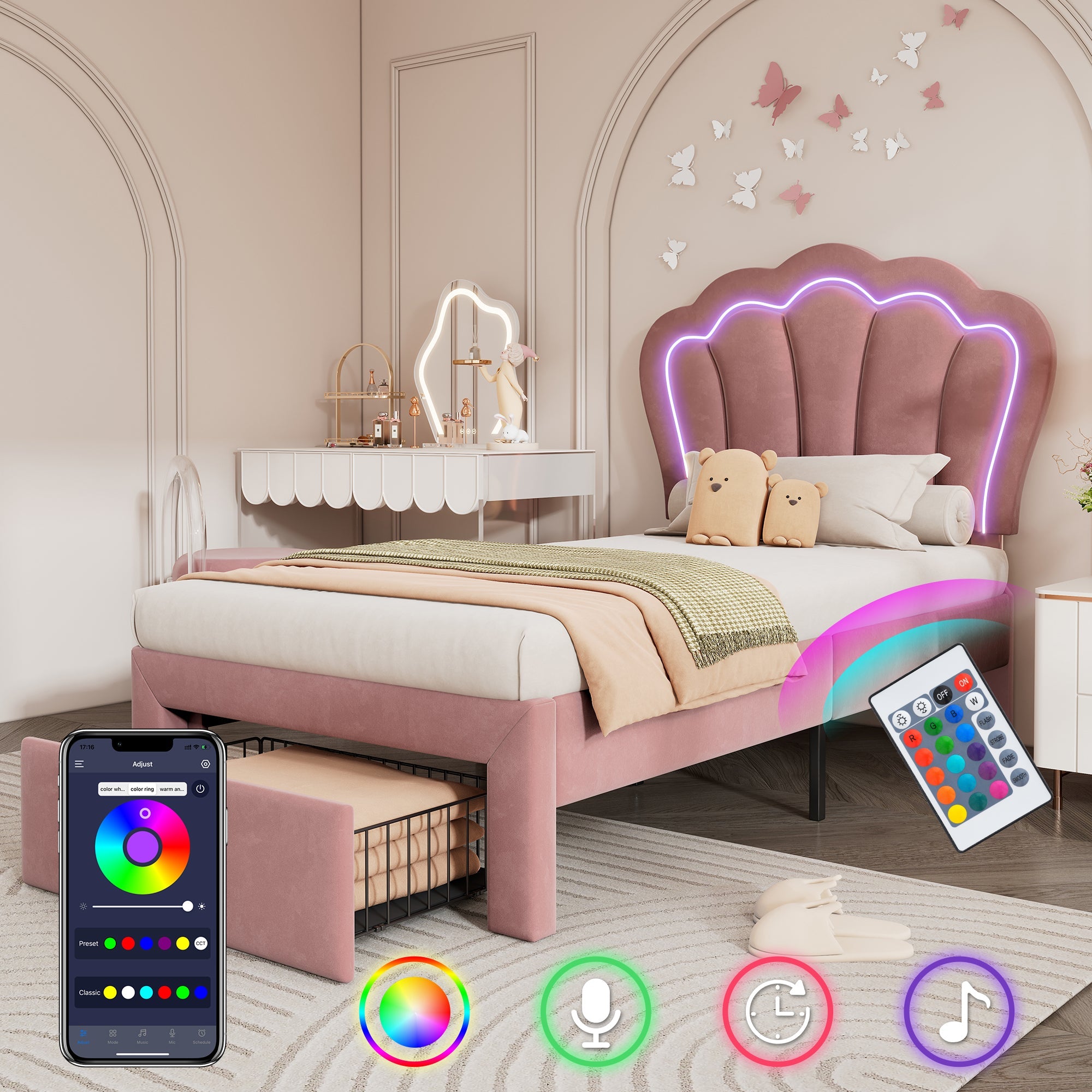 Logidon Kinderbed LED 90x200 Roze met Laden App Bediening