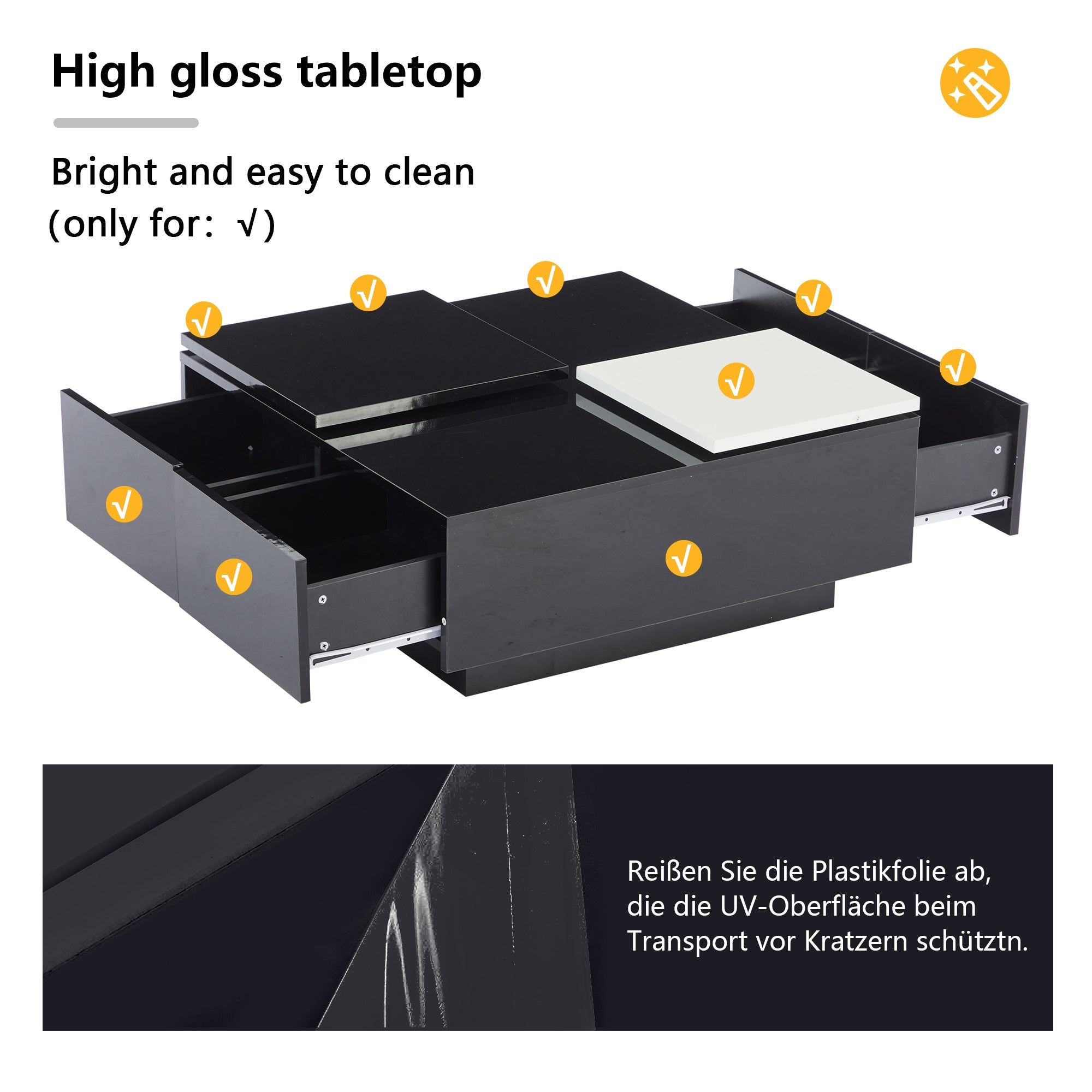 Logidon Hoogglans Salontafel Zwart Wit 75x75 Cm Met 4 Laden