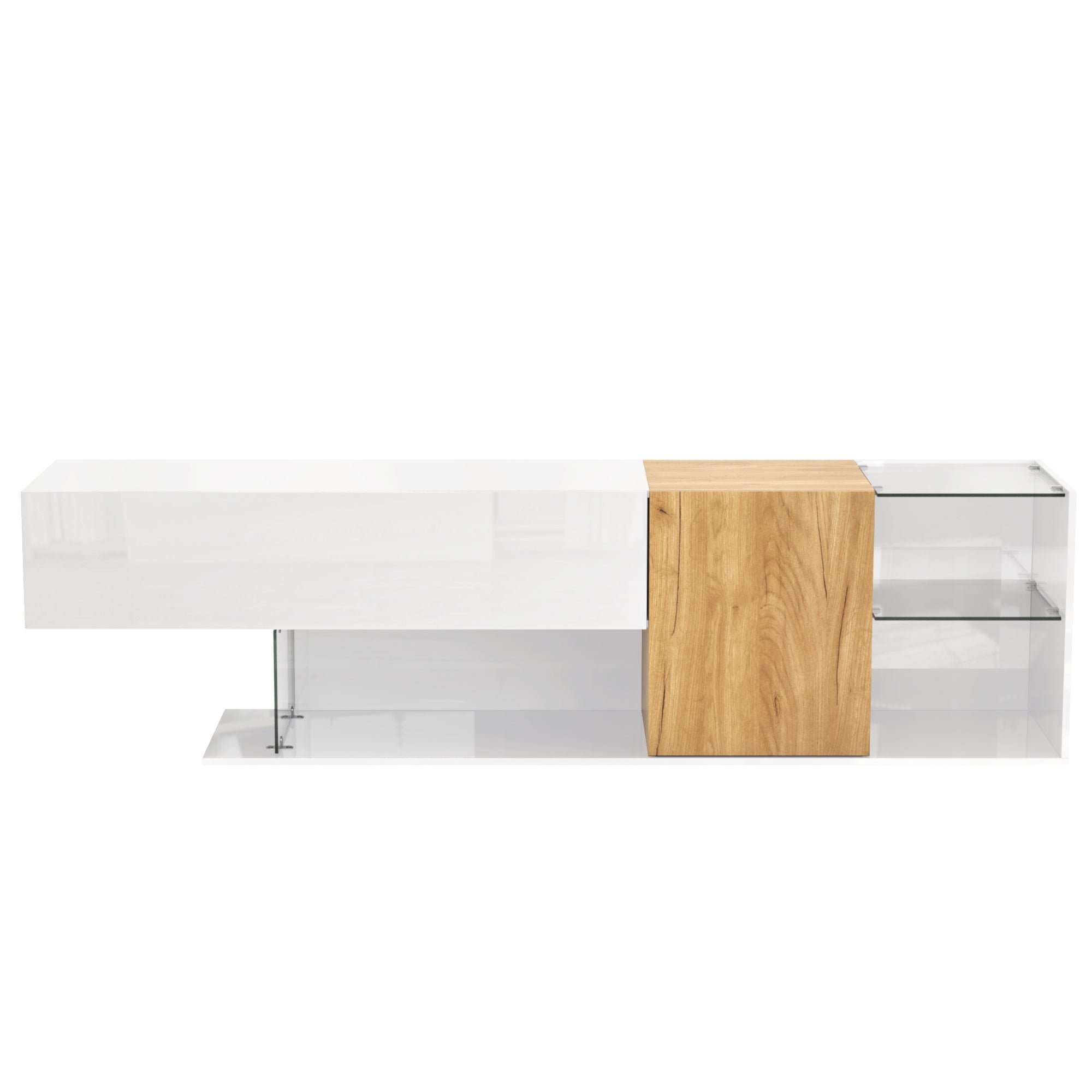 Logidon Modern TV-dressoir Wit Hoogglans Houtlook Glazen Planken 180cm
