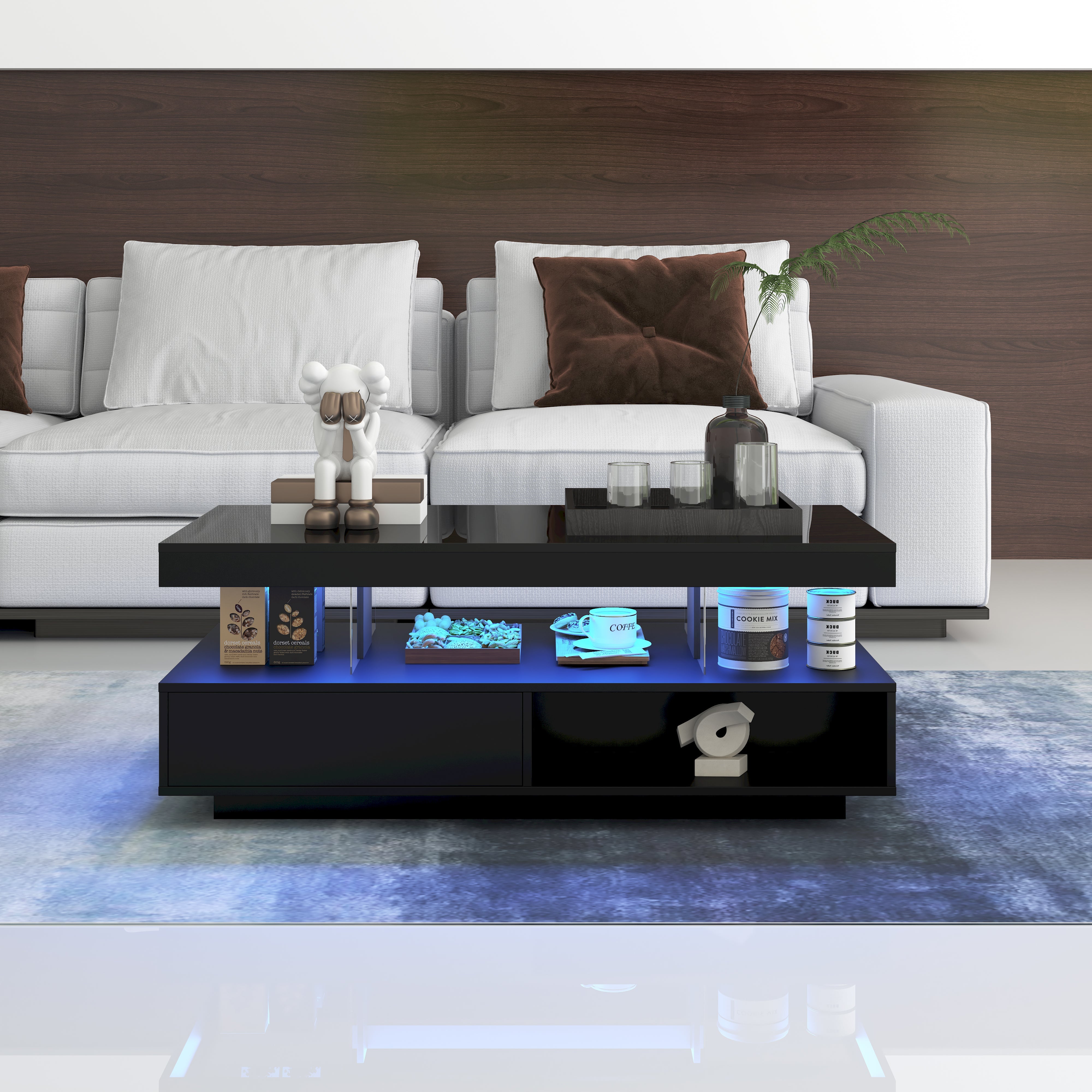 Logidon hoogglans salontafel zwart 95x50x42,5 cm glazen bladen