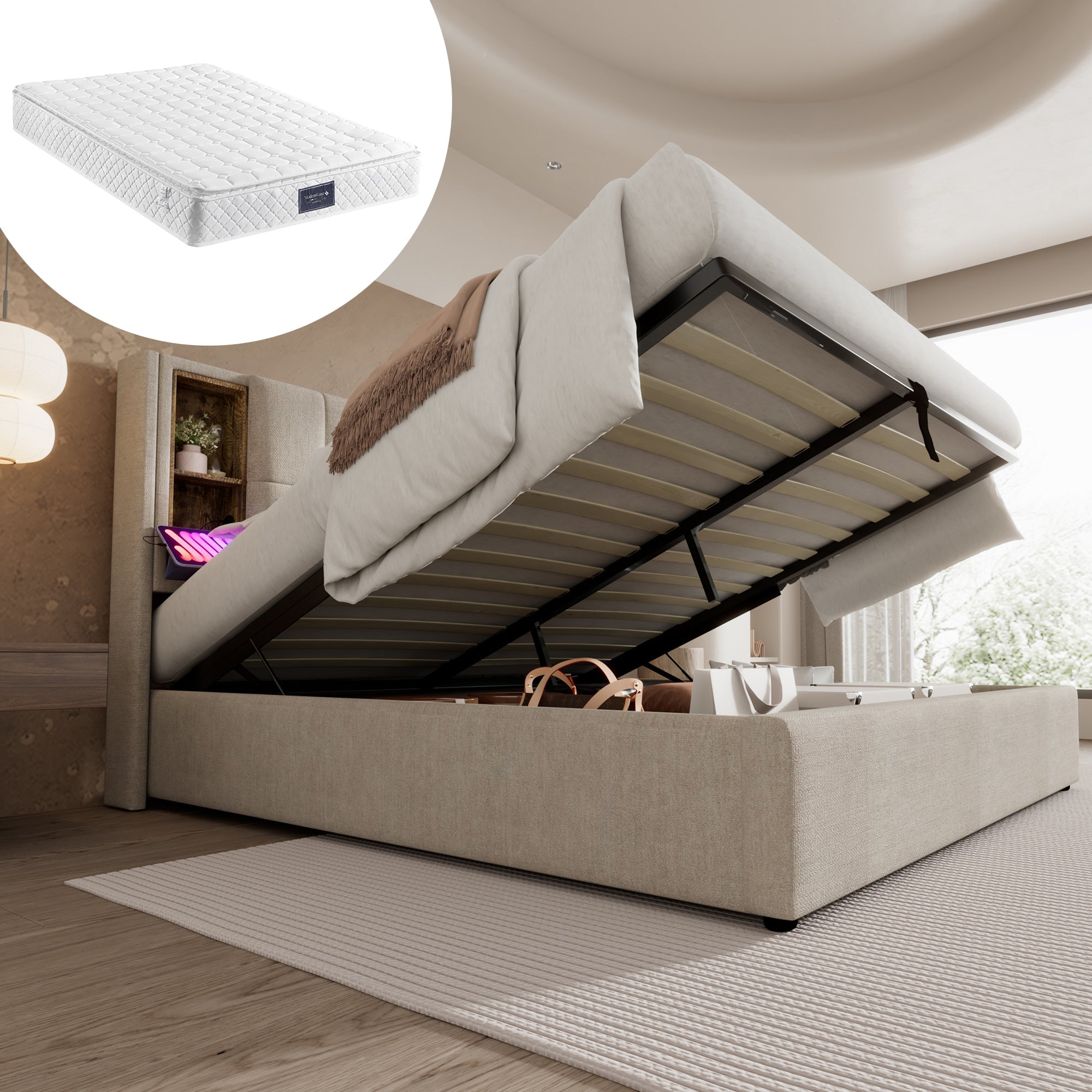 Logidon tweepersoonsbed 140x200 draadloos opladen USB C opbergruimte linnengoed