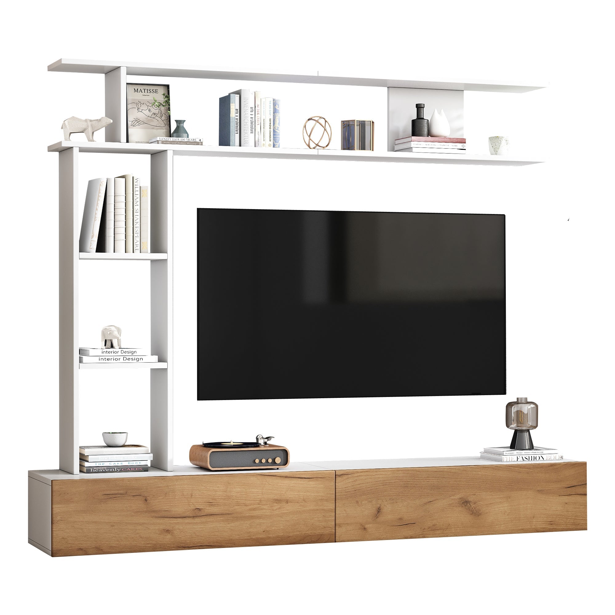 Logidon TV wandmeubel 180 cm wit houtlook met vitrinekasten