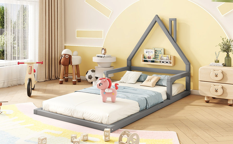 Logidon children's bed 90x200 cm flat bed house shape gray solid wood