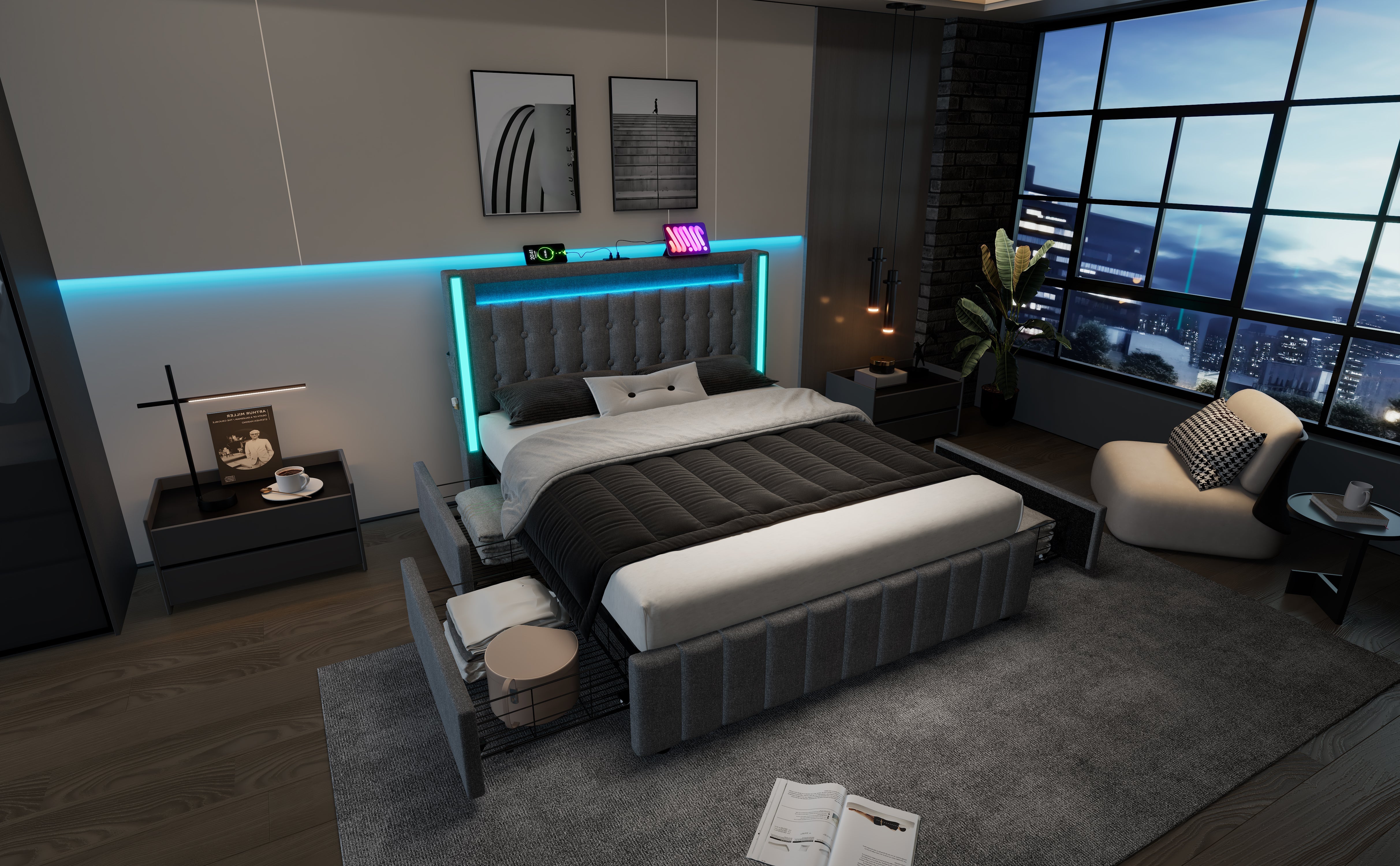 Logidon gestoffeerd bed 140x200 met USB C LED verlichting 4 vakken grijs