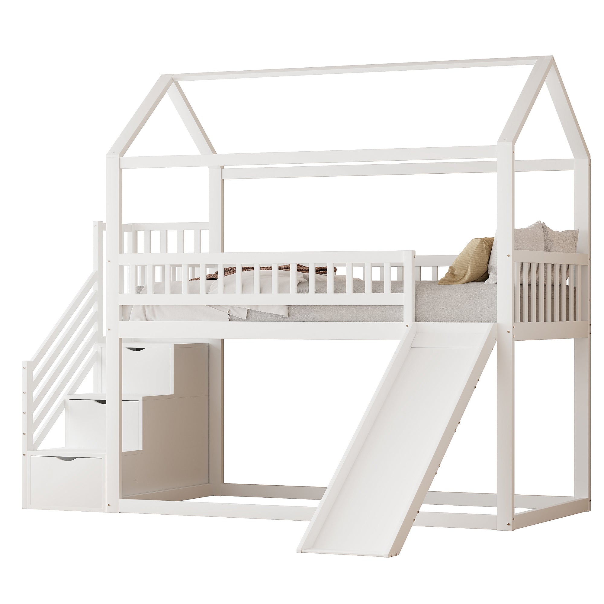Logidon hoogslaper kinderstapelbed 90x200 wit glijbaan met opbergladder