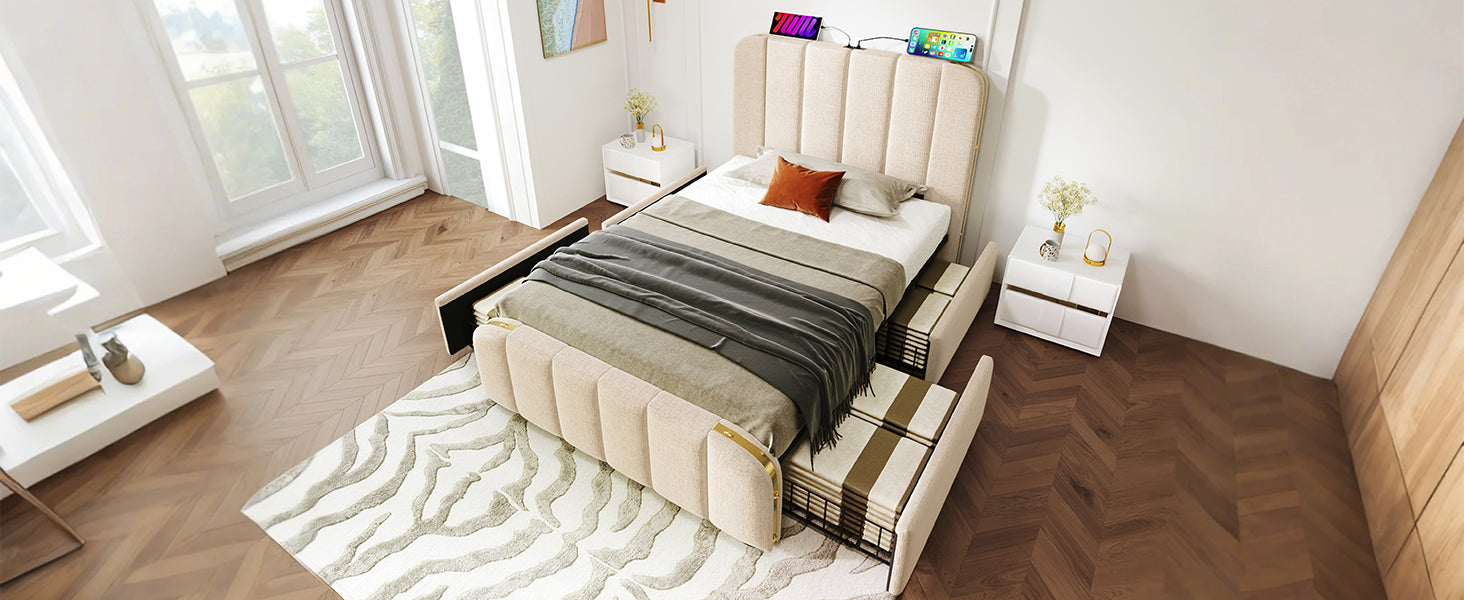 Logidon gestoffeerd bed 90x200 beige USB Type C oplaadfunctie 4 lades