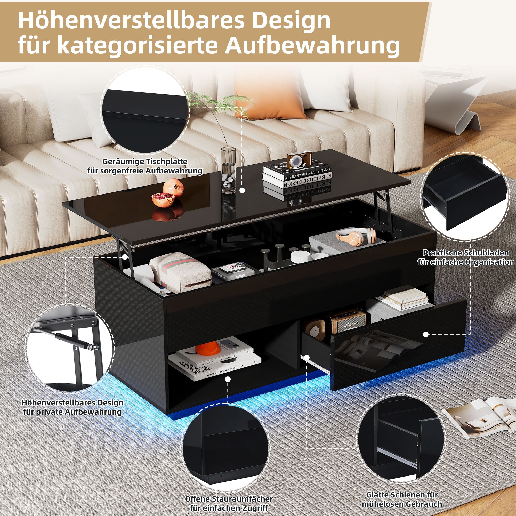 Logidon hoogglans salontafel 100x50x55 cm zwart LED-verlichting