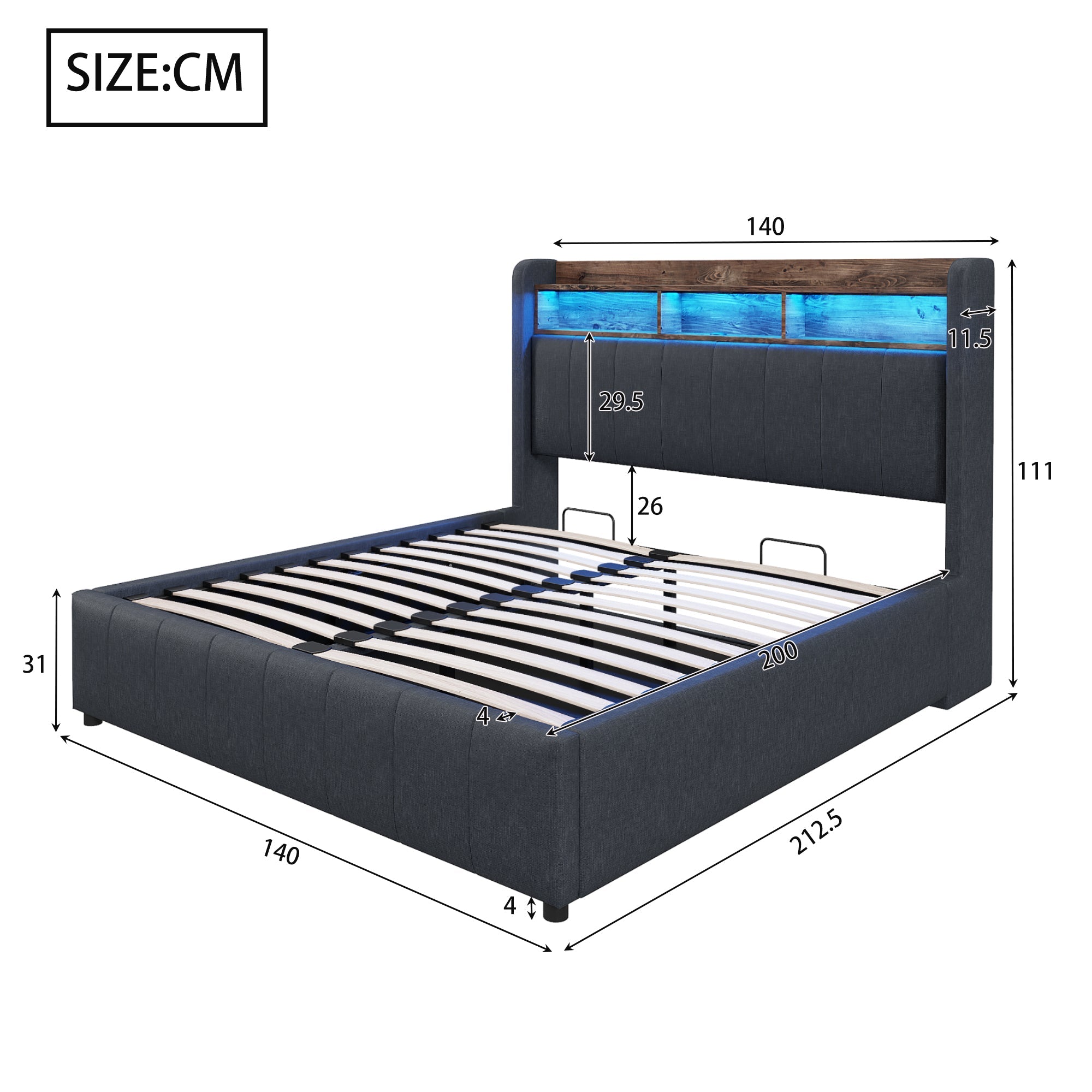 Logidon gestoffeerd bed 140x200 cm grijs met LED verlichting USB opbergruimte