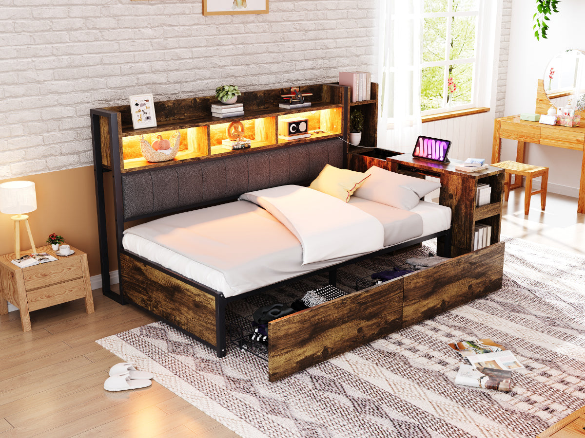 Logidon ijzeren slaapbank 90 x 200 cm houtlook opbergruimte LED