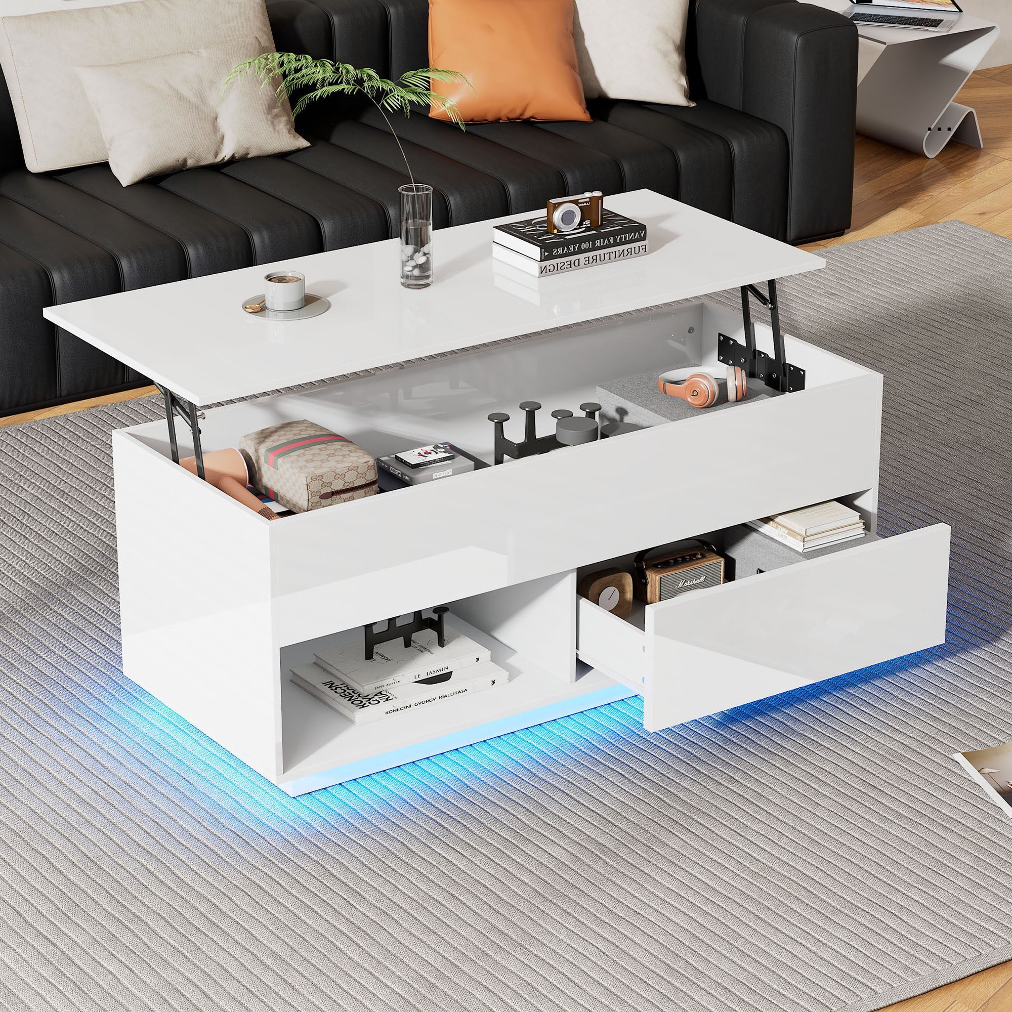 Logidon hoogglans hefsalontafel 100 x 50 cm witte LED-verlichting