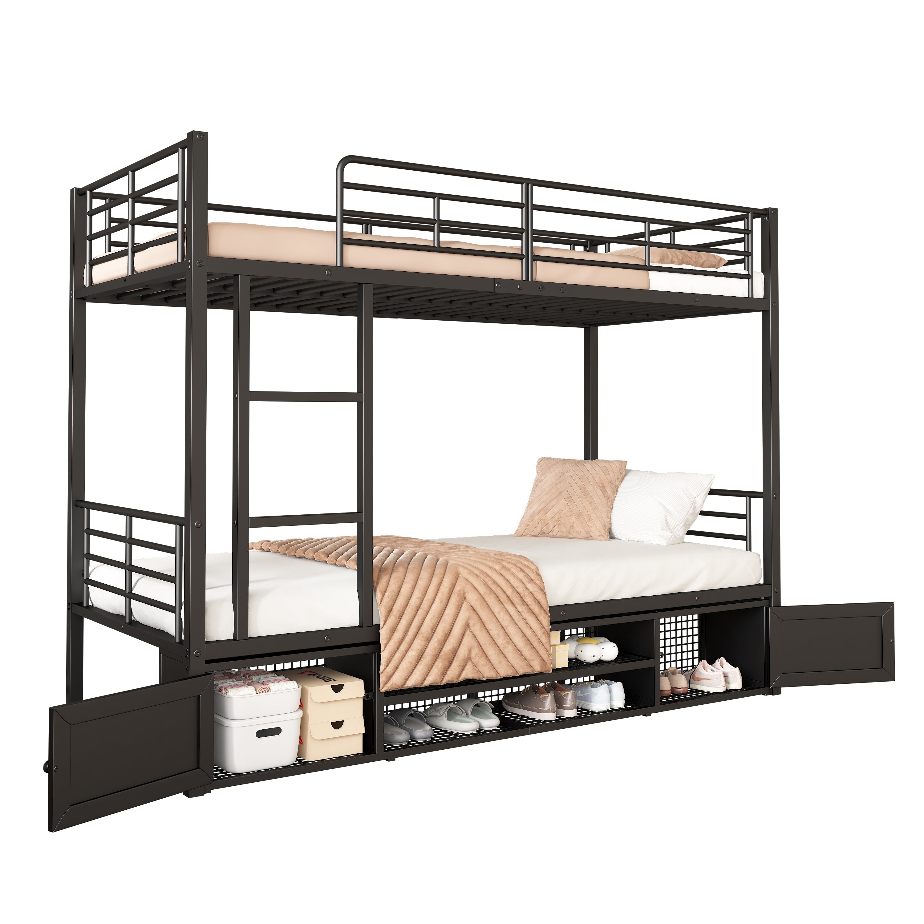 Logidon stapelbed ijzeren frame zwart 90x200 cm met schoenenrek