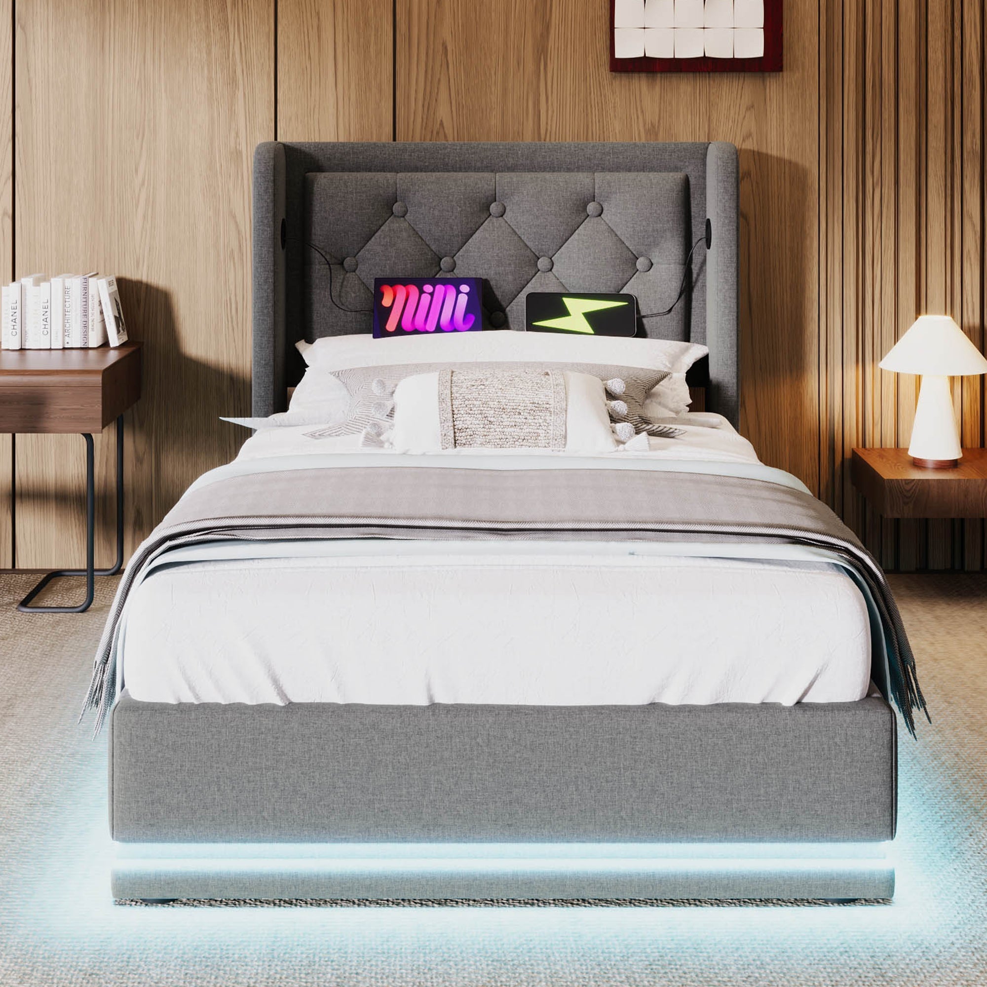Logidon gestoffeerd bed 90x200 cm grijs met opbergruimte USB C oplaadfunctie LED