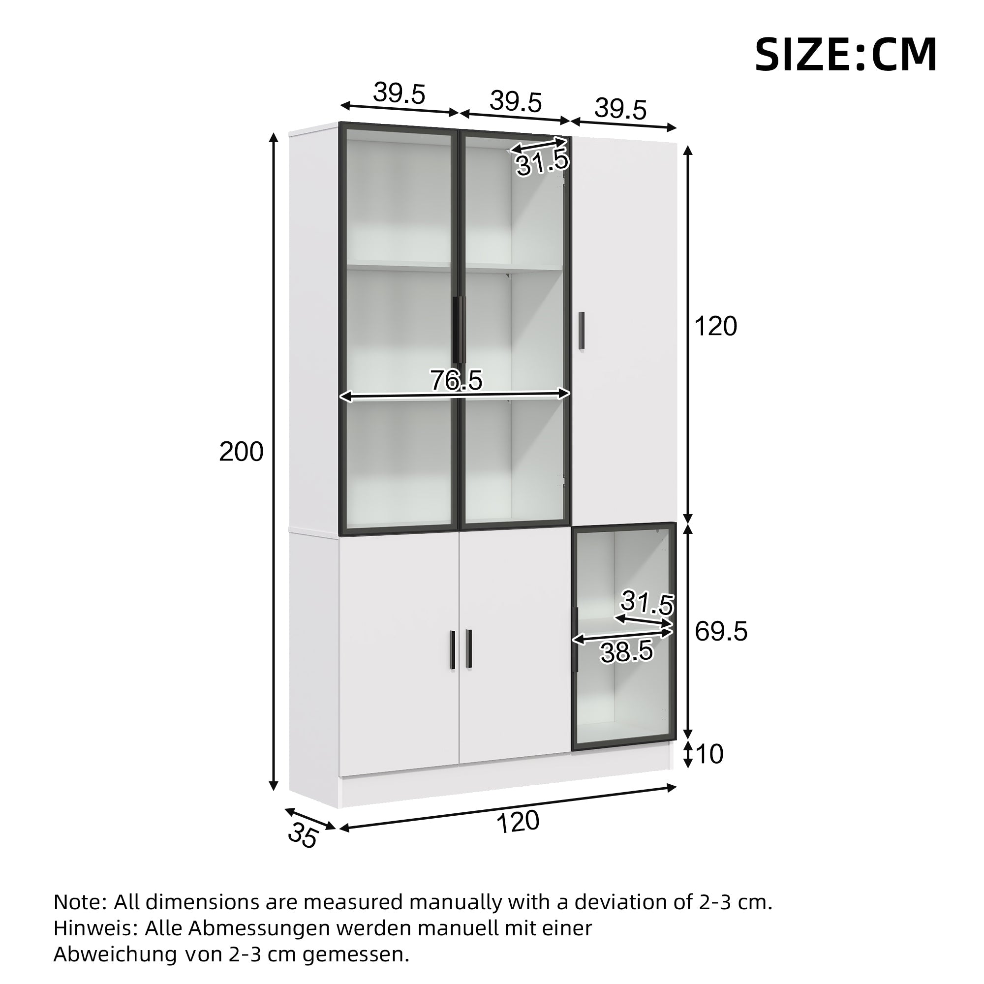 Logidon vitrinekast 120x35x200 cm wit met glazen deuren LED
