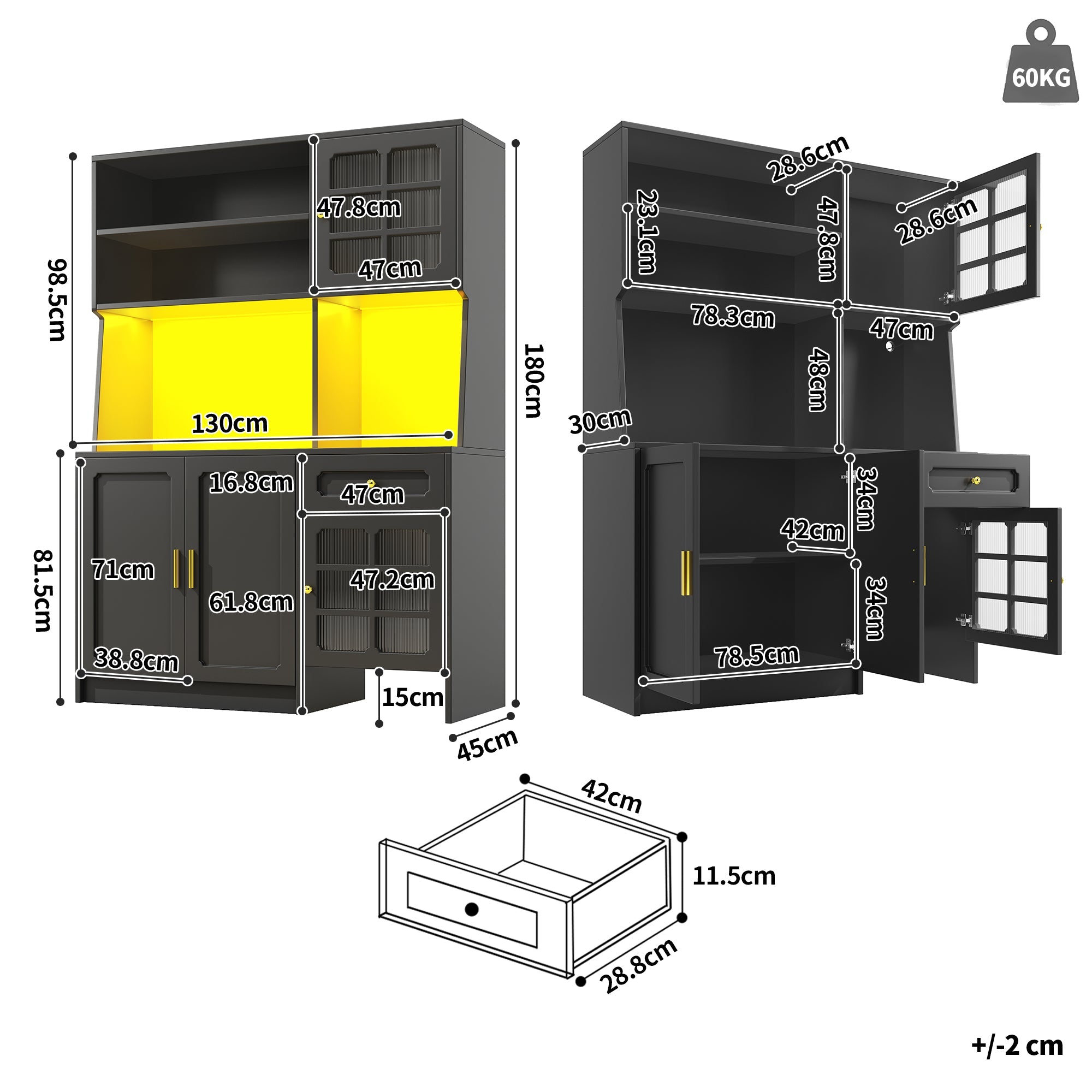 Logidon keukenkast 130x45x180 cm met glazen deuren en LED zwart