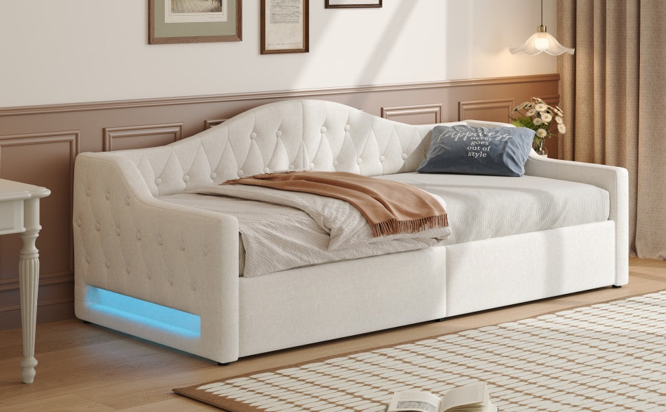 Logidon gestoffeerd dagbed 90x200 beige met opbergruimte met LED-verlichting
