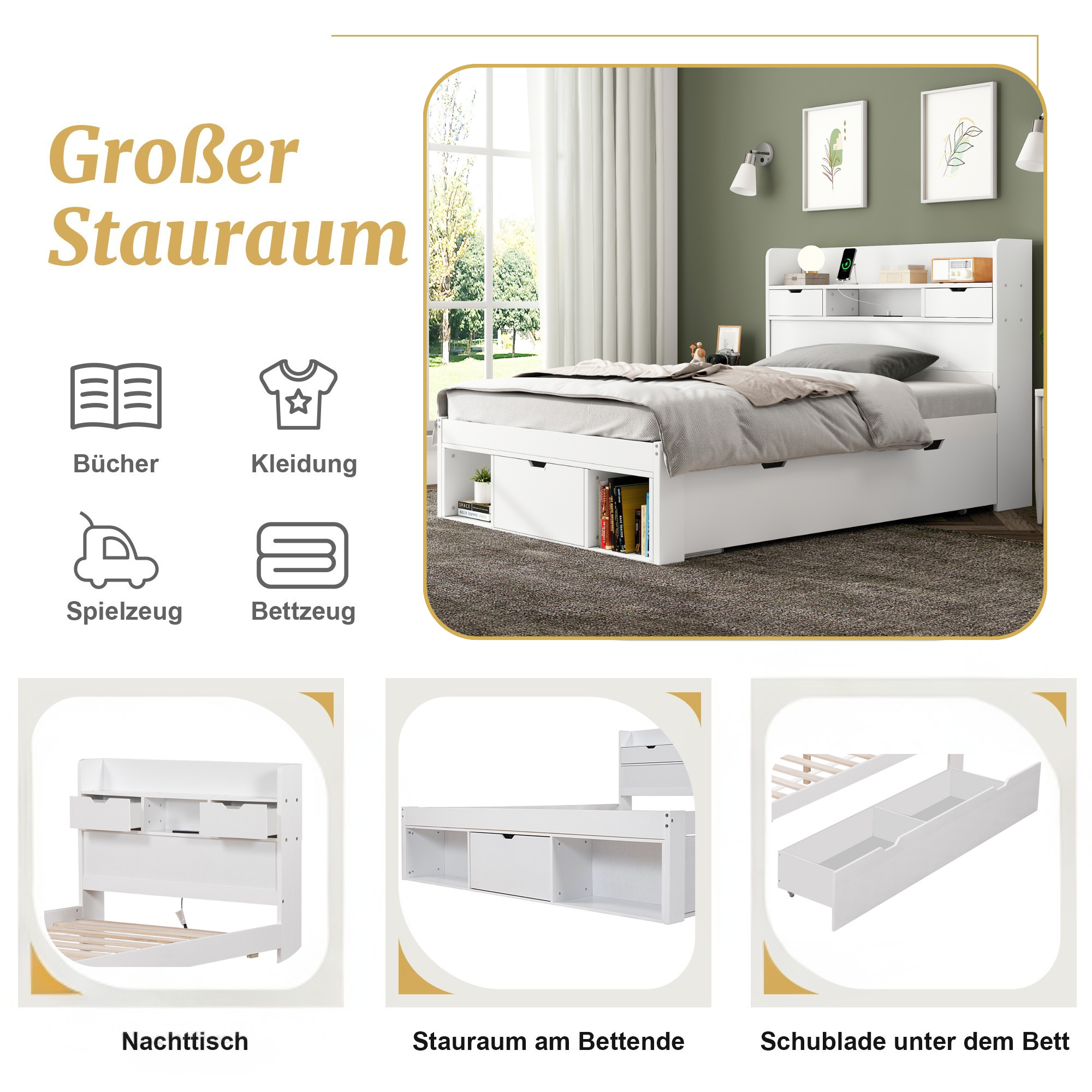 Logidon jeugd- en kinderbed 90x190 cm met USB poort opbergruimte wit