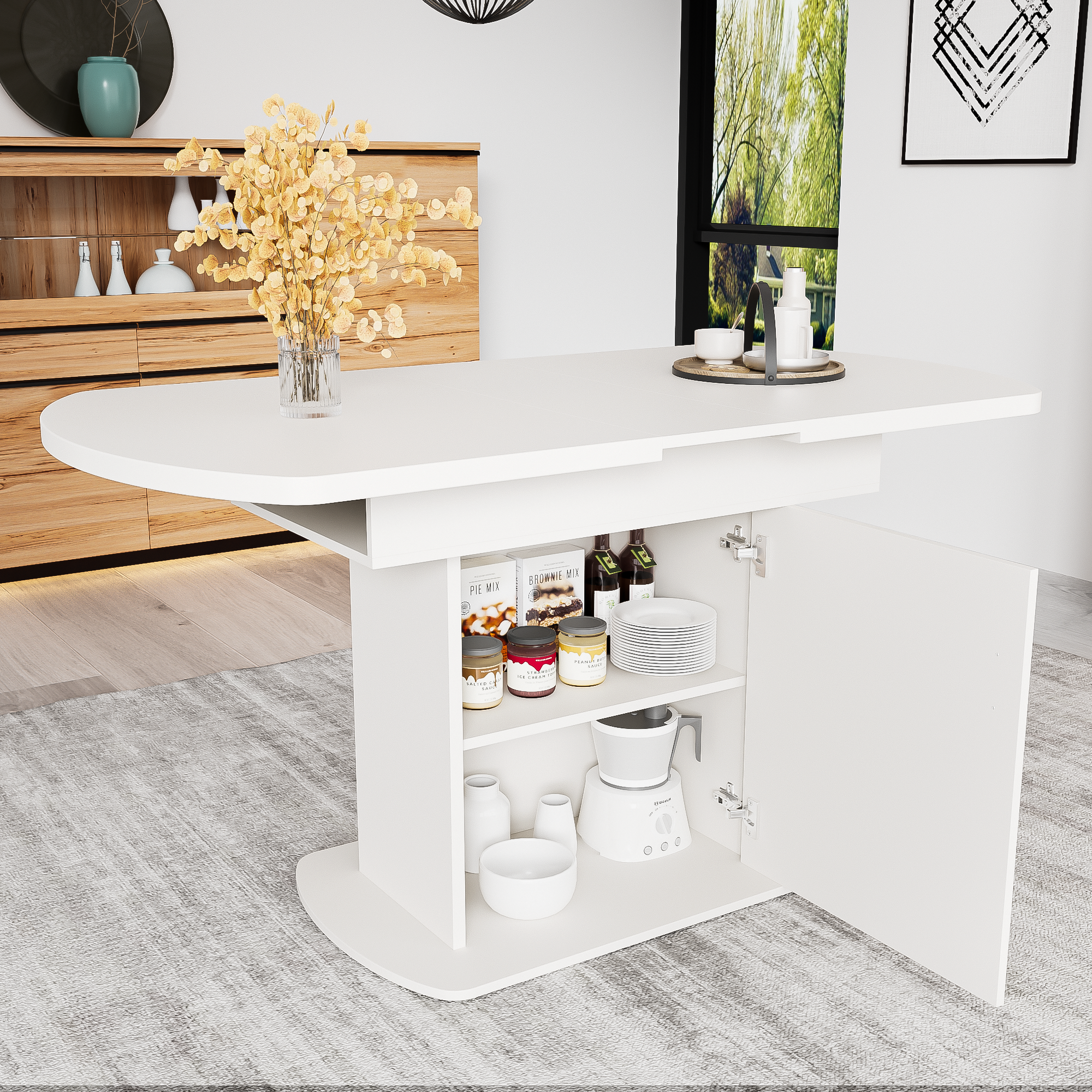Logidon Uitschuifbare ovale eettafel L110/130 Opbergruimte met witgouden handvat