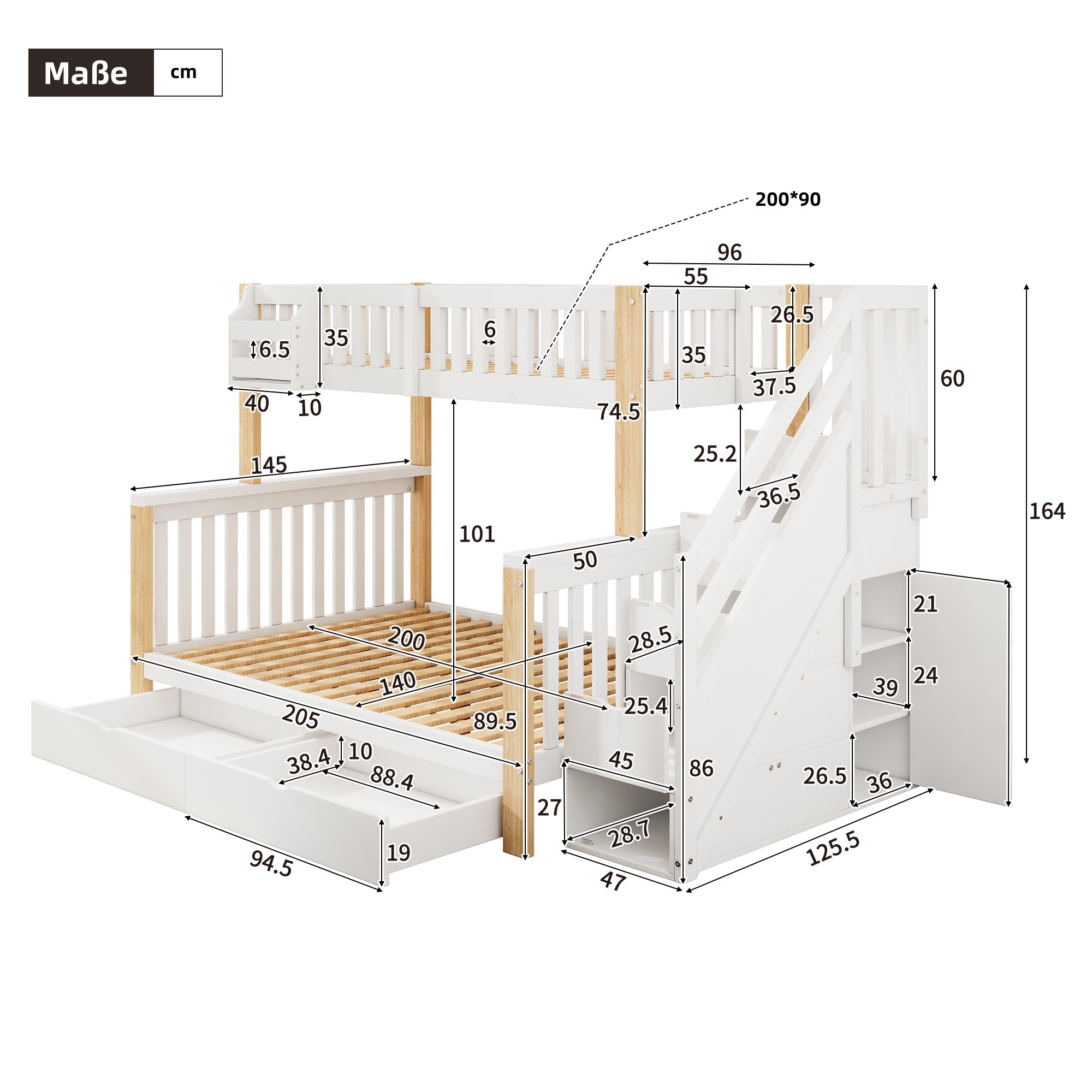 Logidon kinderstapelbed tweepersoonsbed met opbergruimte 140x200 wit naturel