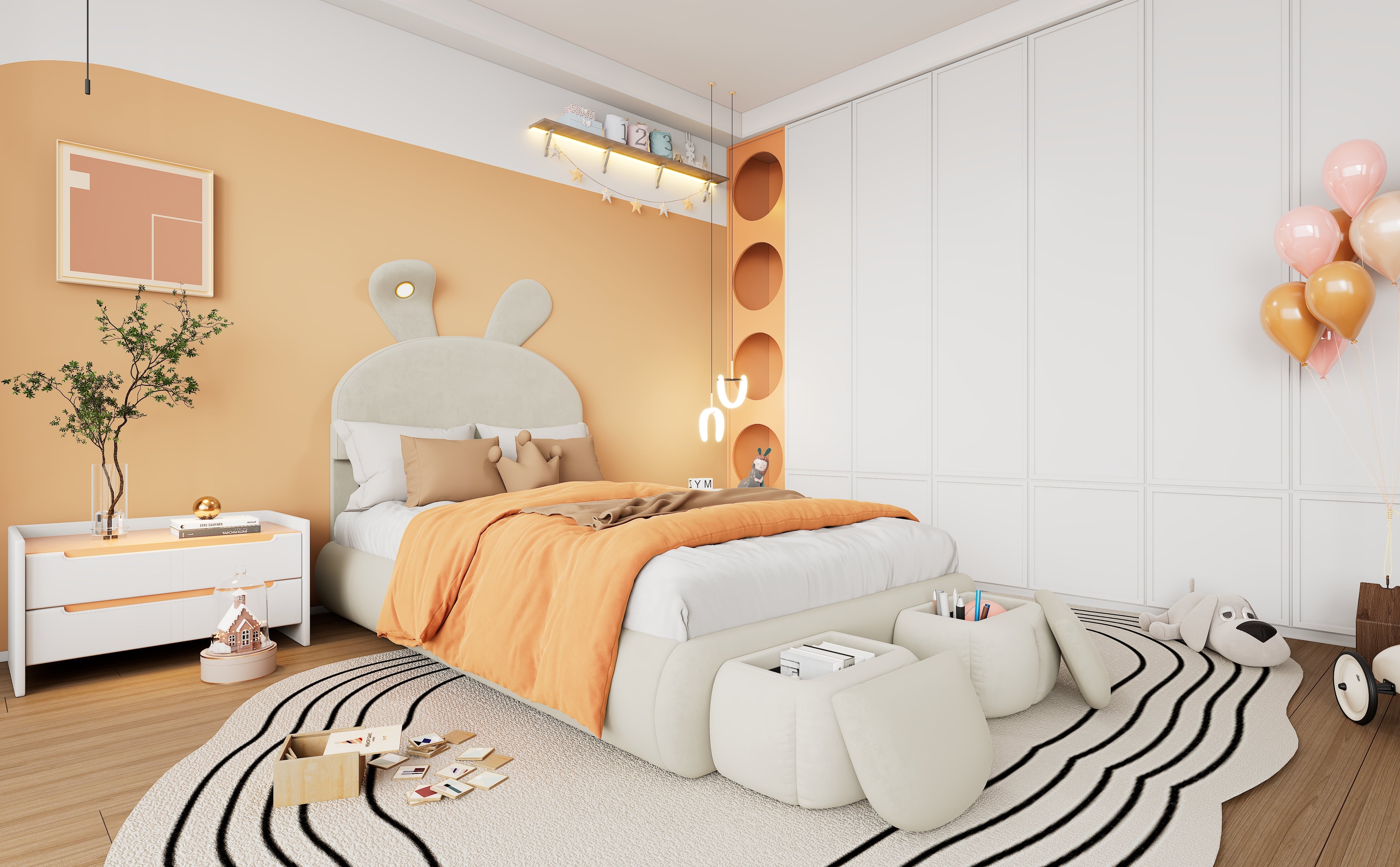 Logidon gestoffeerd bed 90x200 beige fluwelen opbergkruk met konijnenoren