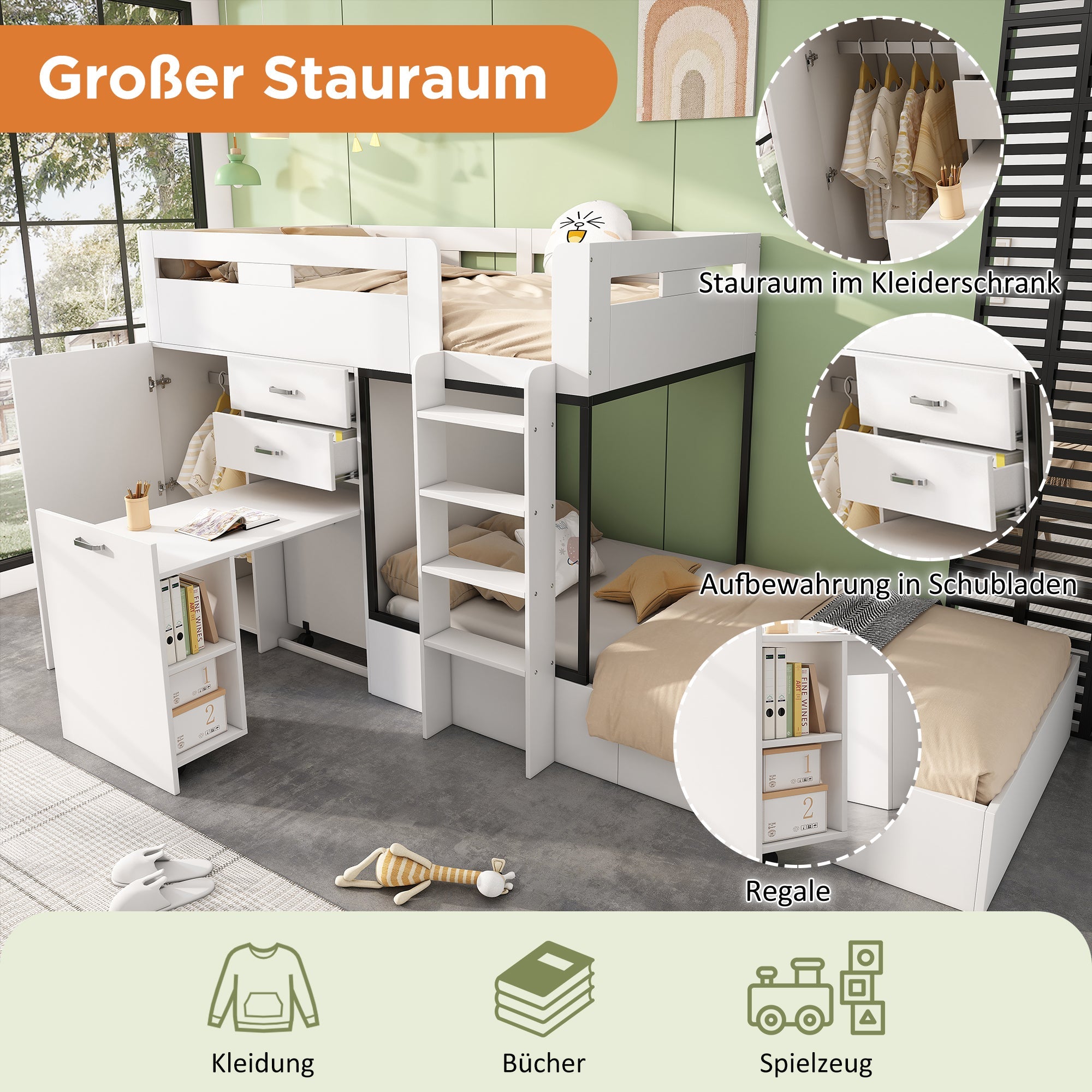 Logidon stapelbed met uitschuifbaar bureau en kledingkast wit 90x200
