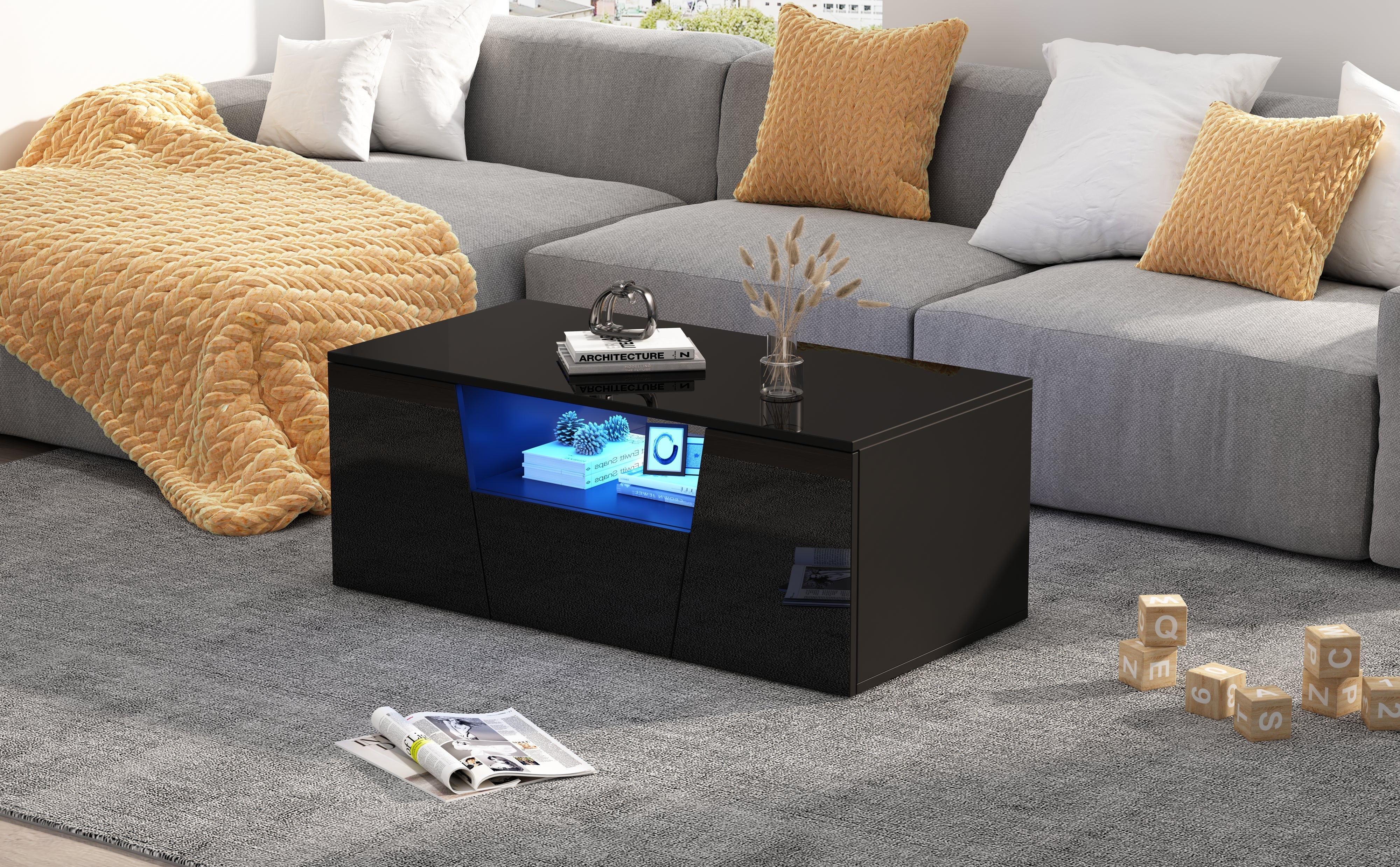 Logidon coffee table 100x50x40 cm black with LED 2 cabinets 1 drawer