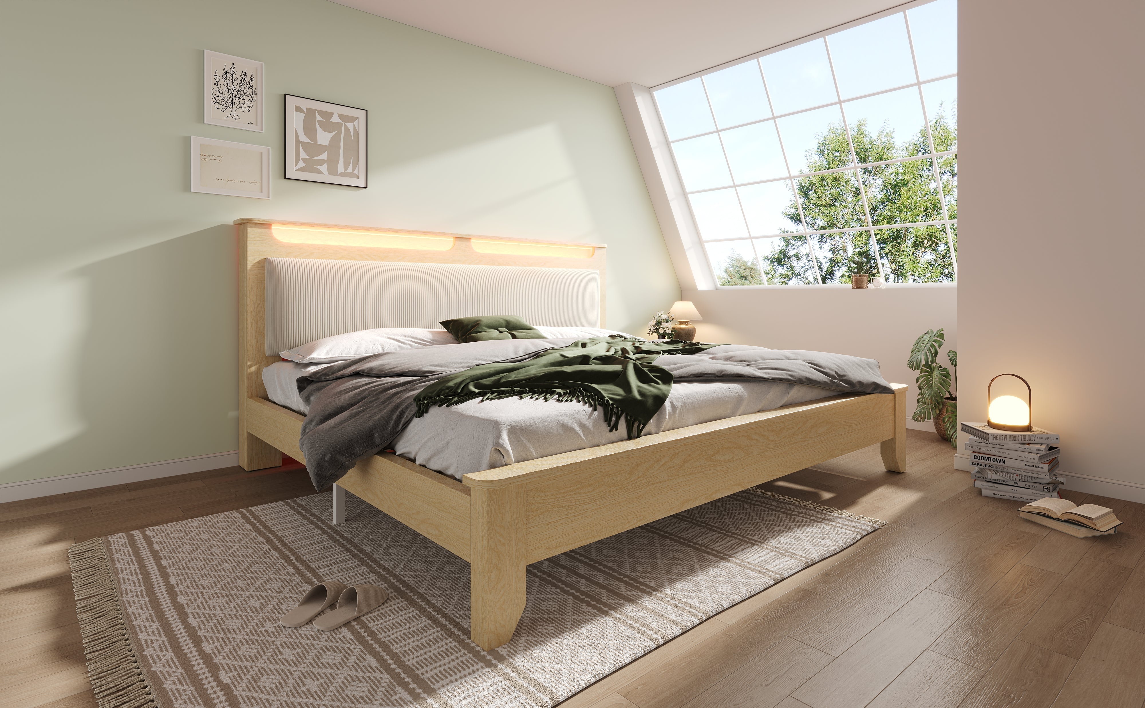 Logidon double bed 140x200 cm beige LED lighting headboard storage space