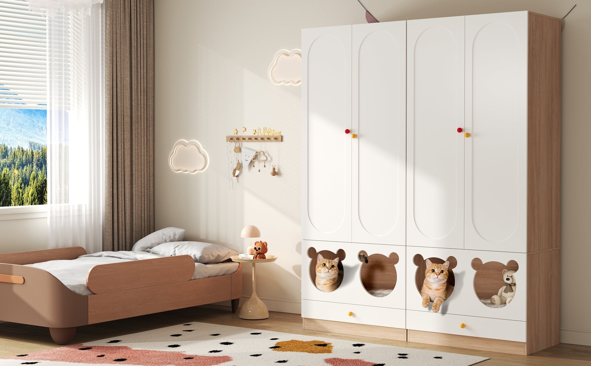 Logidon kinderkledingkast wit naturel hout met kattenmand 80x50x200cm
