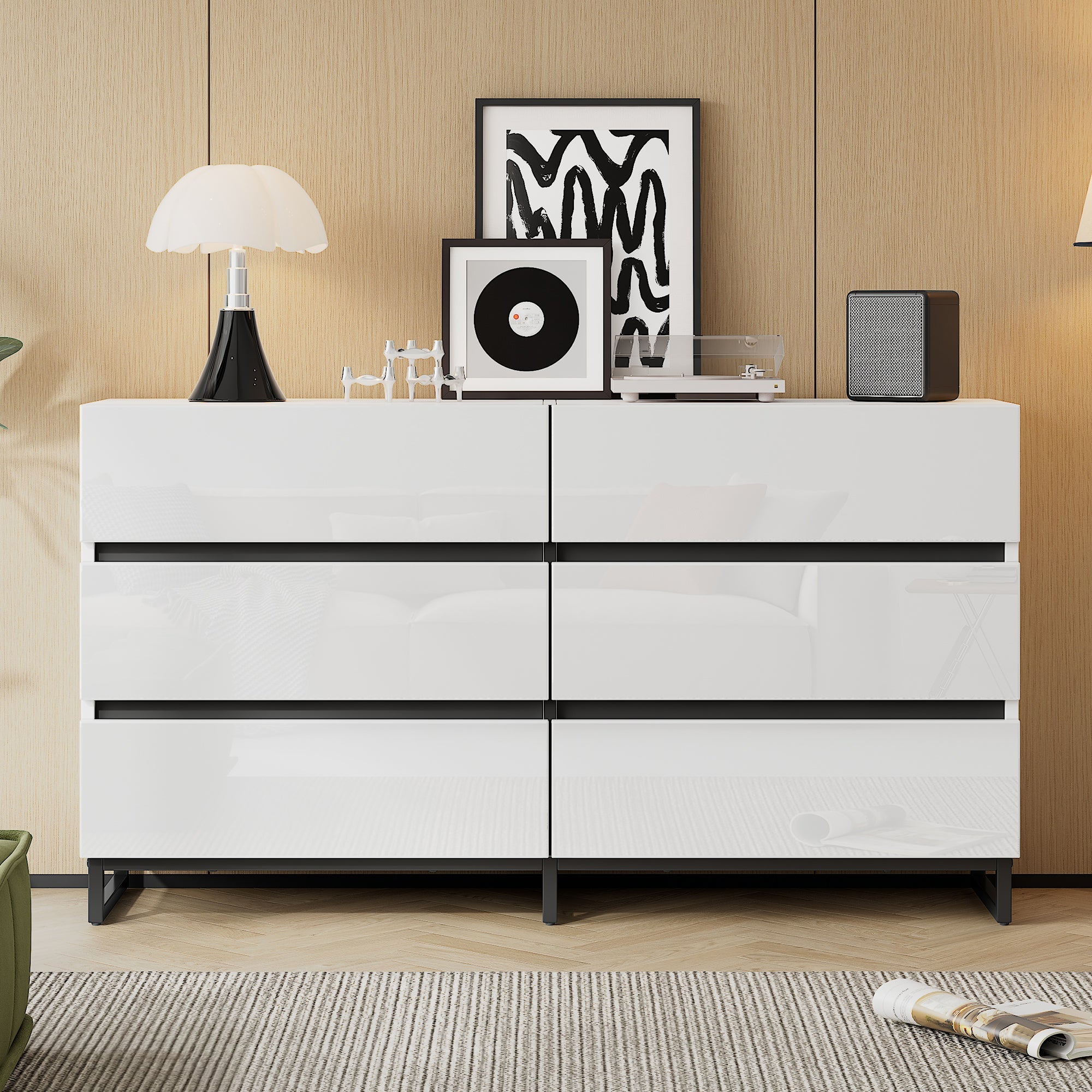 Logidon dressoir 140 cm hoogglans wit zwart met 6 lades
