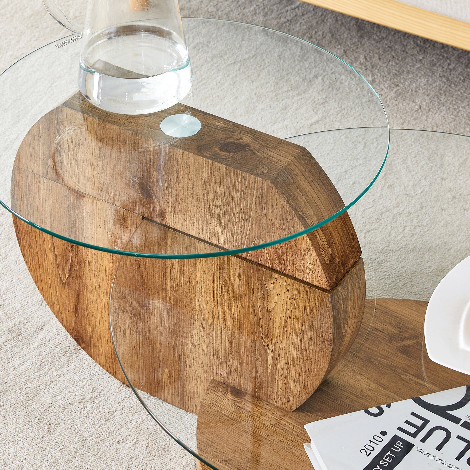 Logidon Moderne Glazen Salontafel Houtstructuur Meerlaags Design MDF 90x70cm