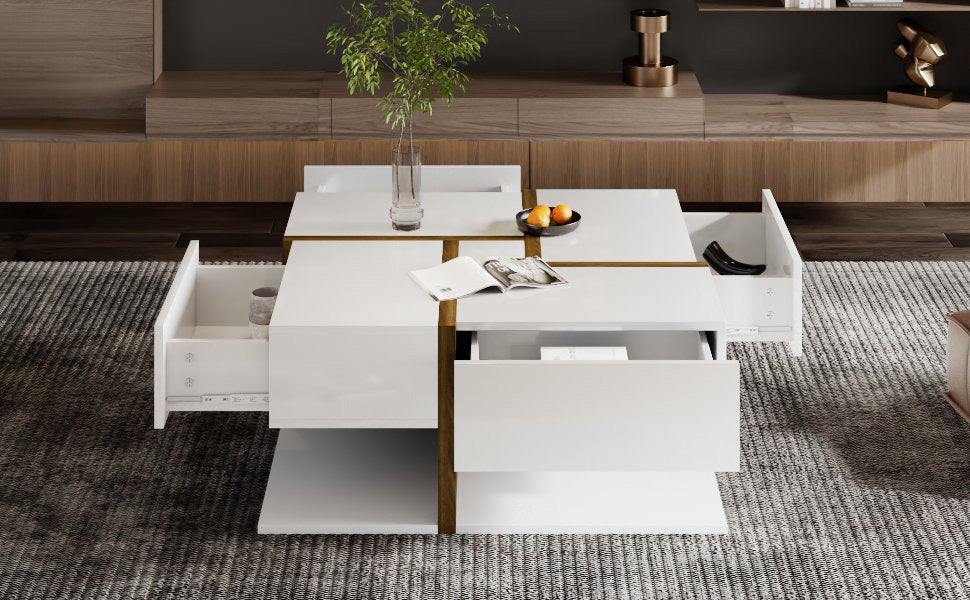 Logidon hoogglans salontafel wit met vier lades 78x78 cm