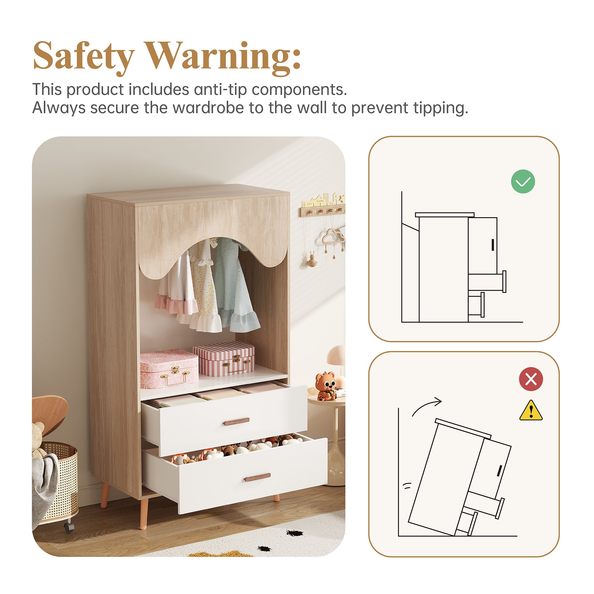 Logidon Children's Wardrobe Sliding Door Open Wardrobe White Natural Wood 141.5 cm